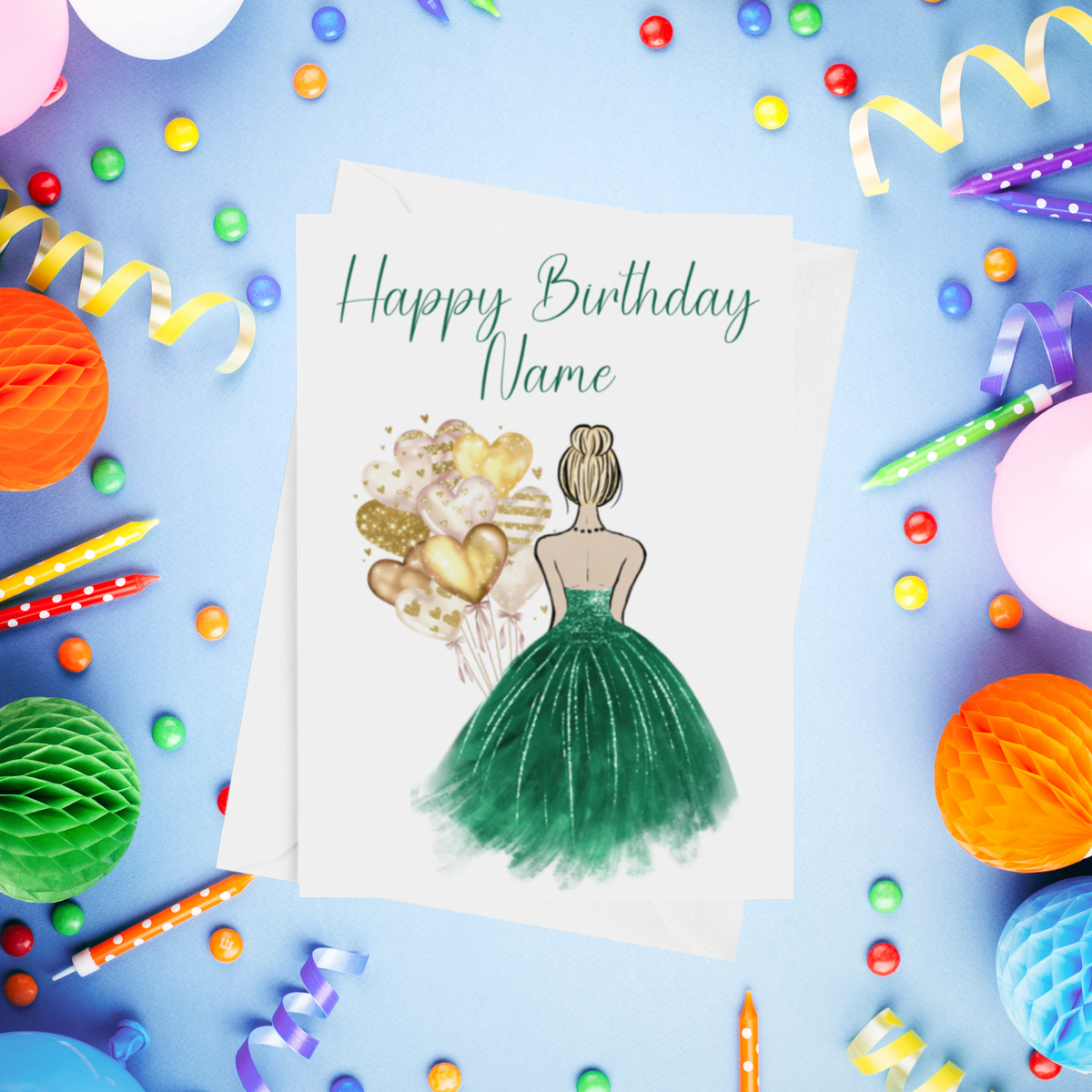 Pretty Dress in Emerald Green Personalised Birthday Card with Choice of Some Skin & Hair Colours