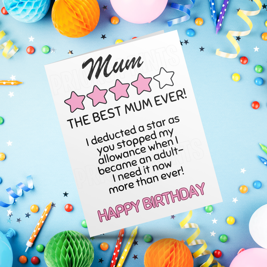 Funny 5 Star Funny Birthday Card for Mum