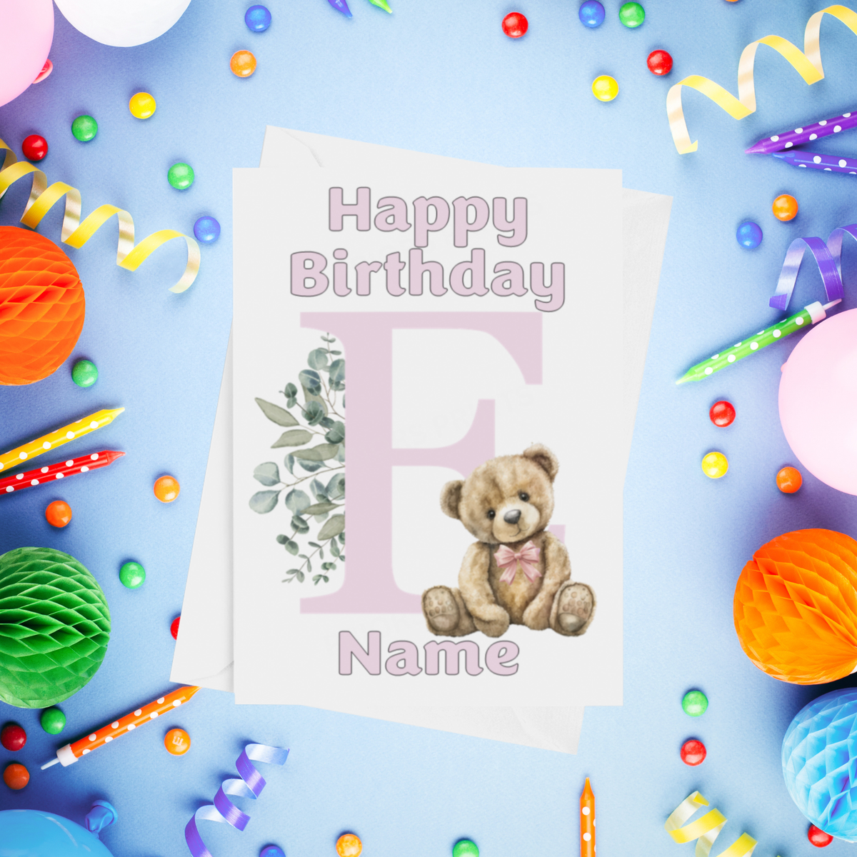 Cute Pink Alphabet Bear Personalised Birthday Card
