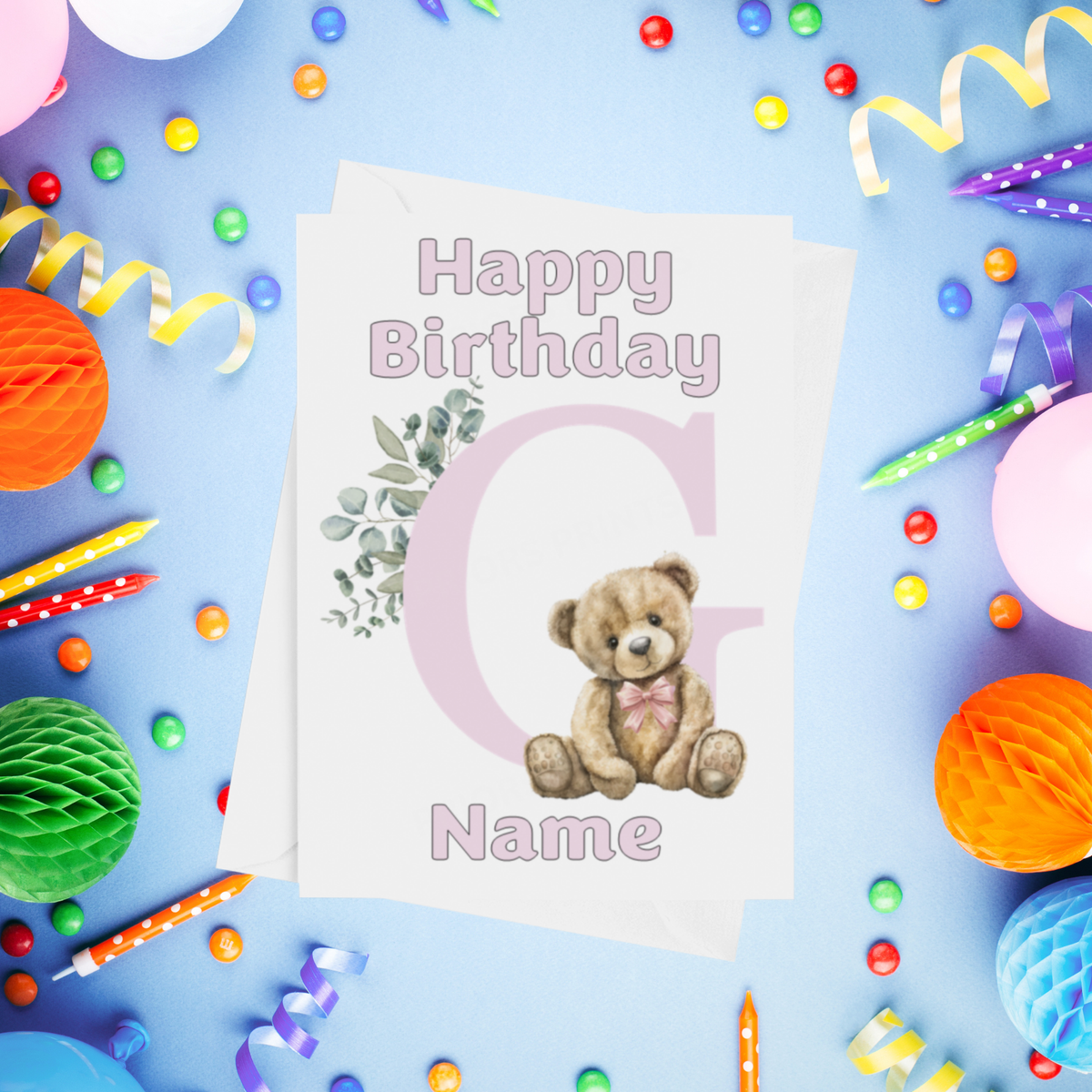 Cute Pink Alphabet Bear Personalised Birthday Card
