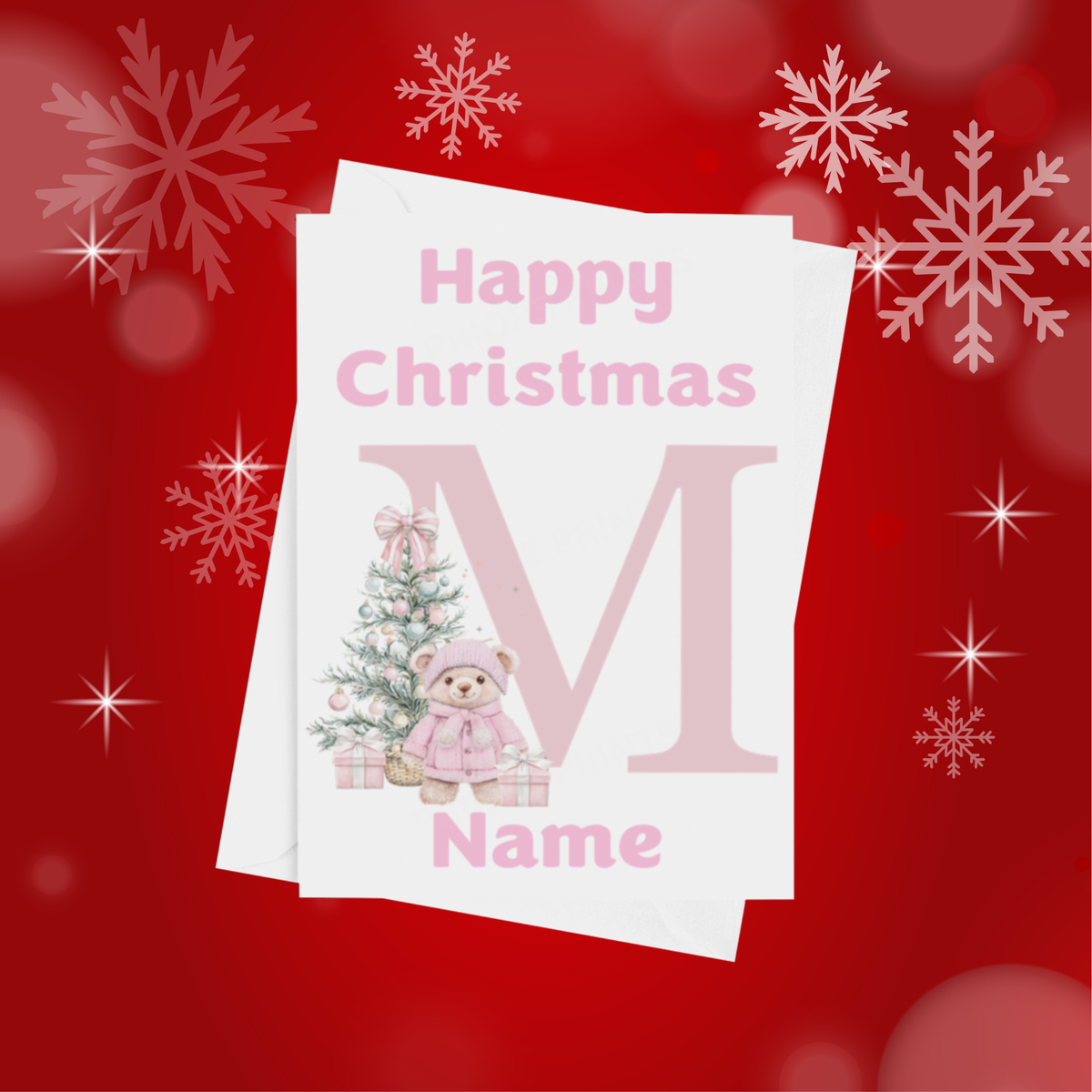 Cute Pink Bear Personalised Christmas Card