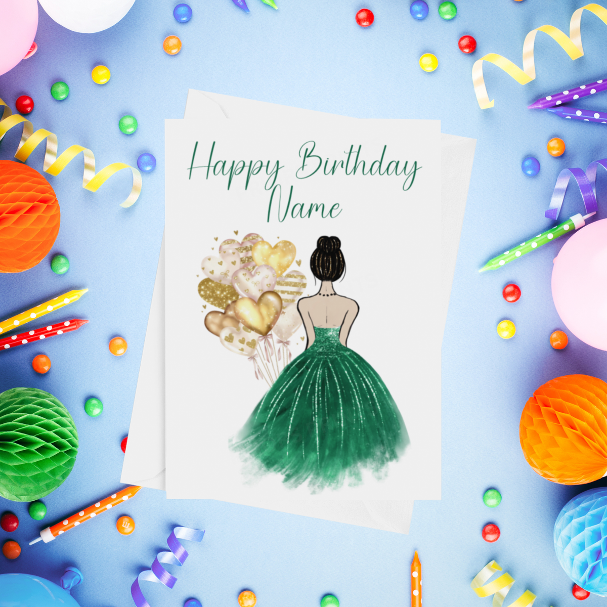 Pretty Dress in Emerald Green Personalised Birthday Card with Choice of Some Skin & Hair Colours