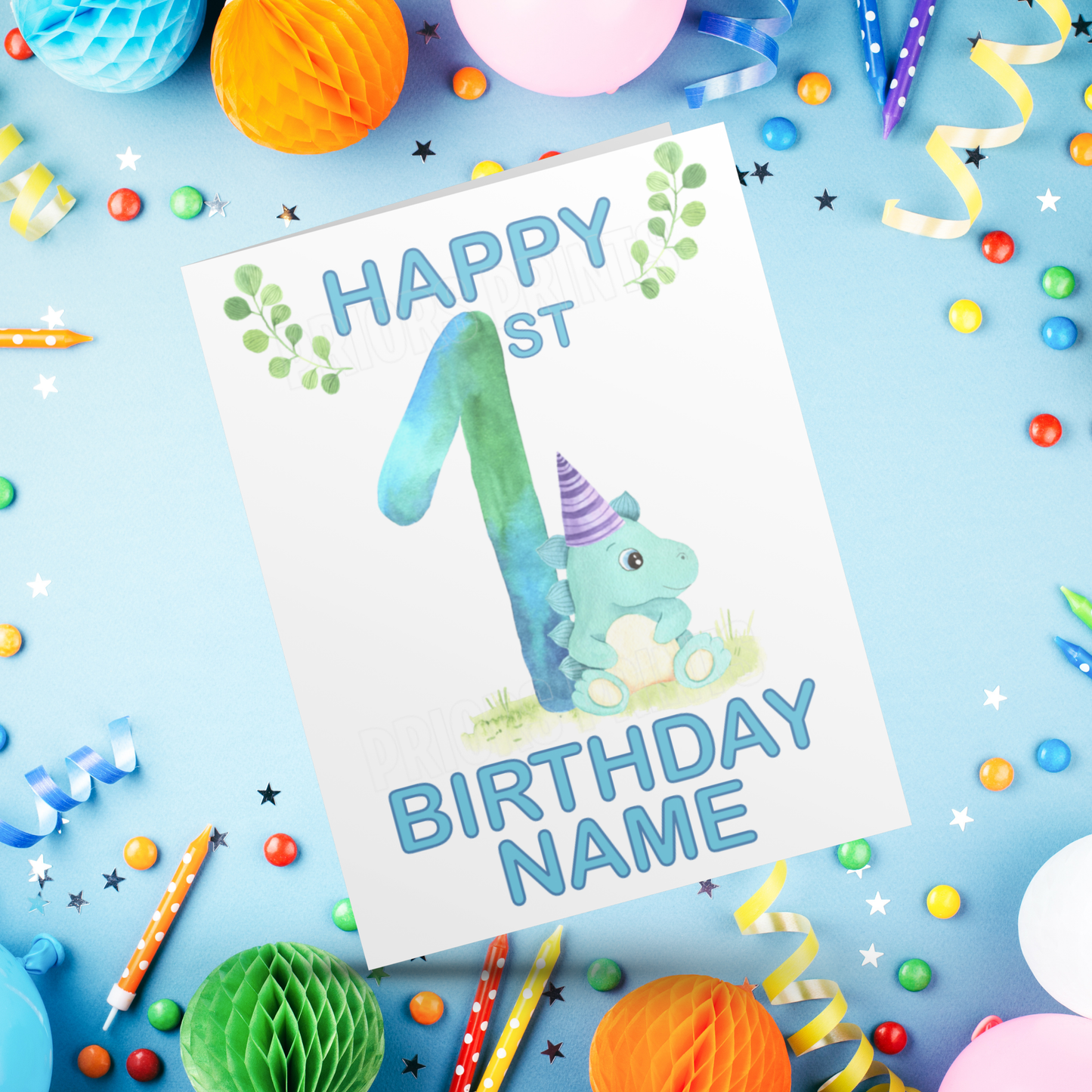 Personalised Watercolour Dinosaur Birthday Card with age 1-9 years