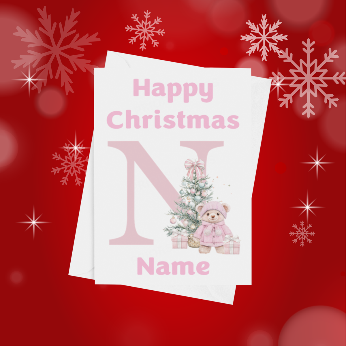 Cute Pink Bear Personalised Christmas Card
