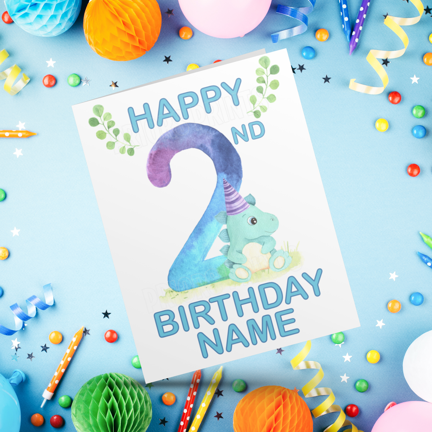 Personalised Watercolour Dinosaur Birthday Card with age 1-9 years