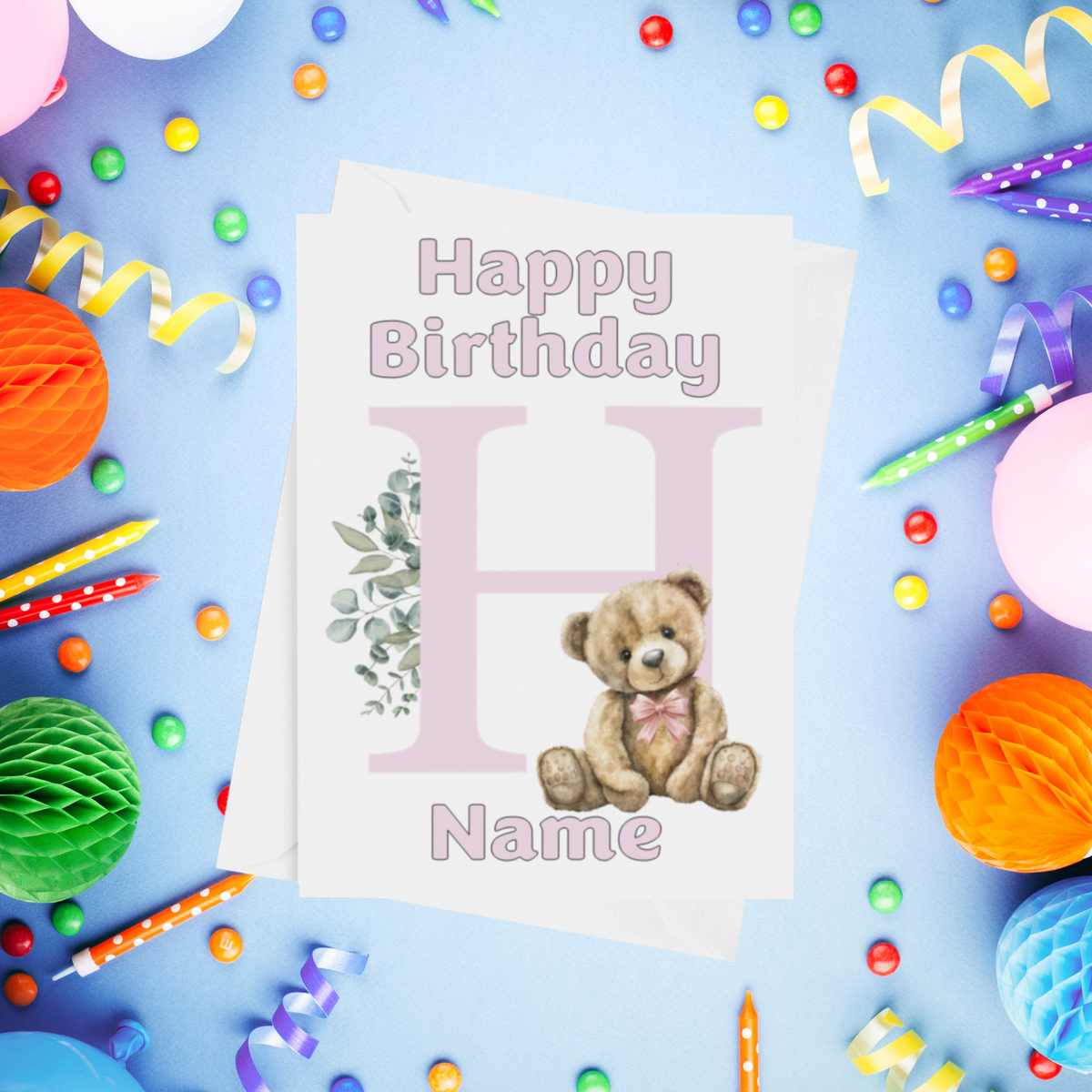 Cute Pink Alphabet Bear Personalised Birthday Card