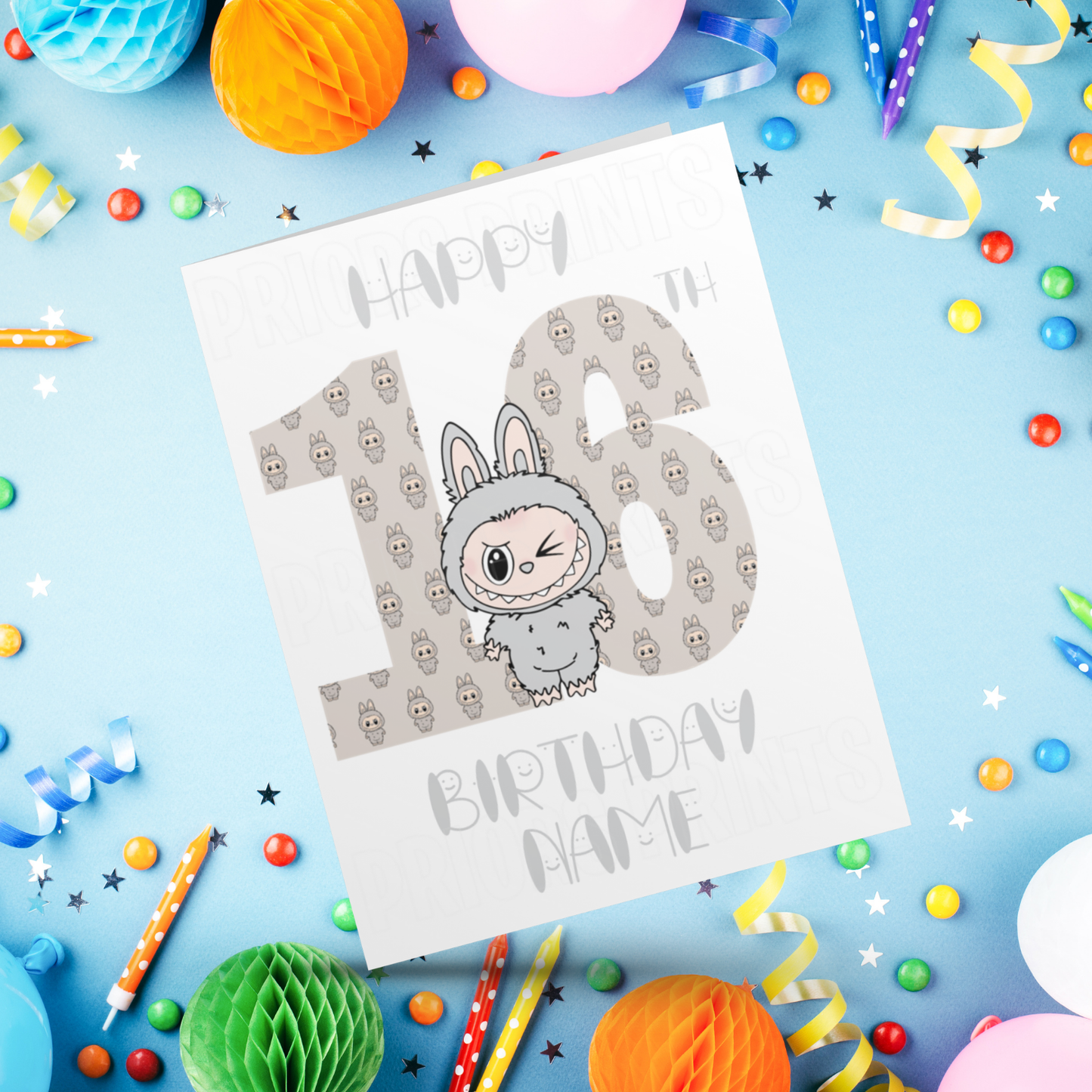 Personalised Labubu Birthday Card with Age 5-20 Years- Grey