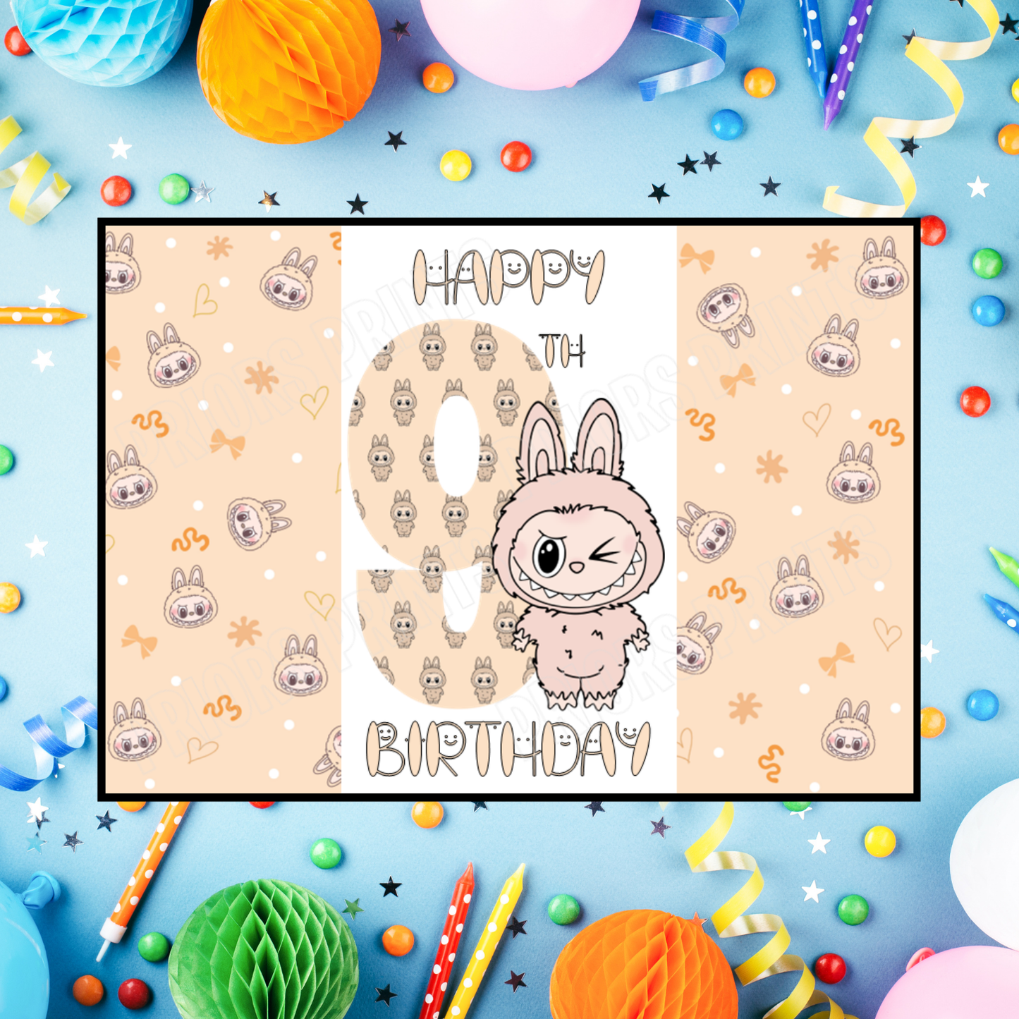 Orange Labubu Birthday Chocolate Bar Wrapper with Age 5-20 Years (Matches Cards)