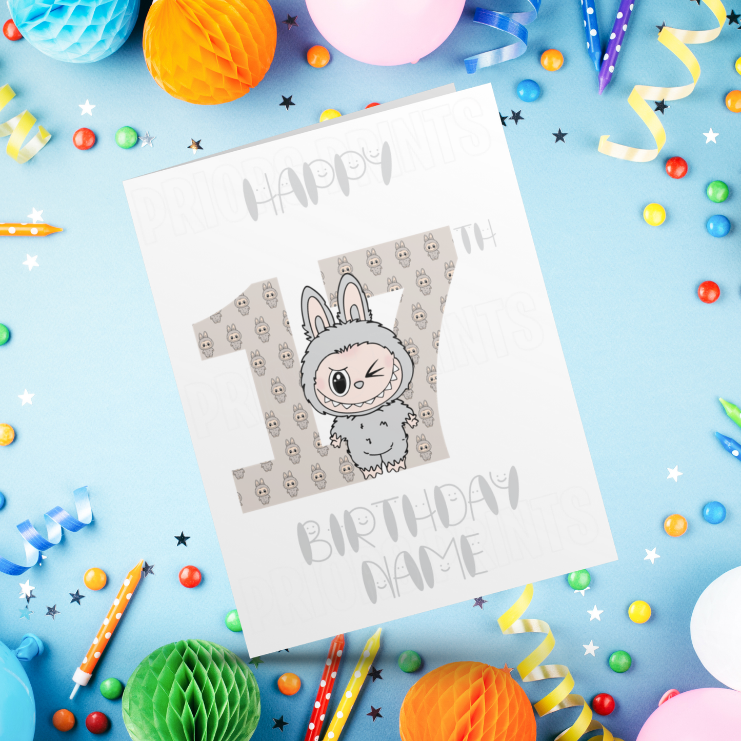Personalised Labubu Birthday Card with Age 5-20 Years- Grey