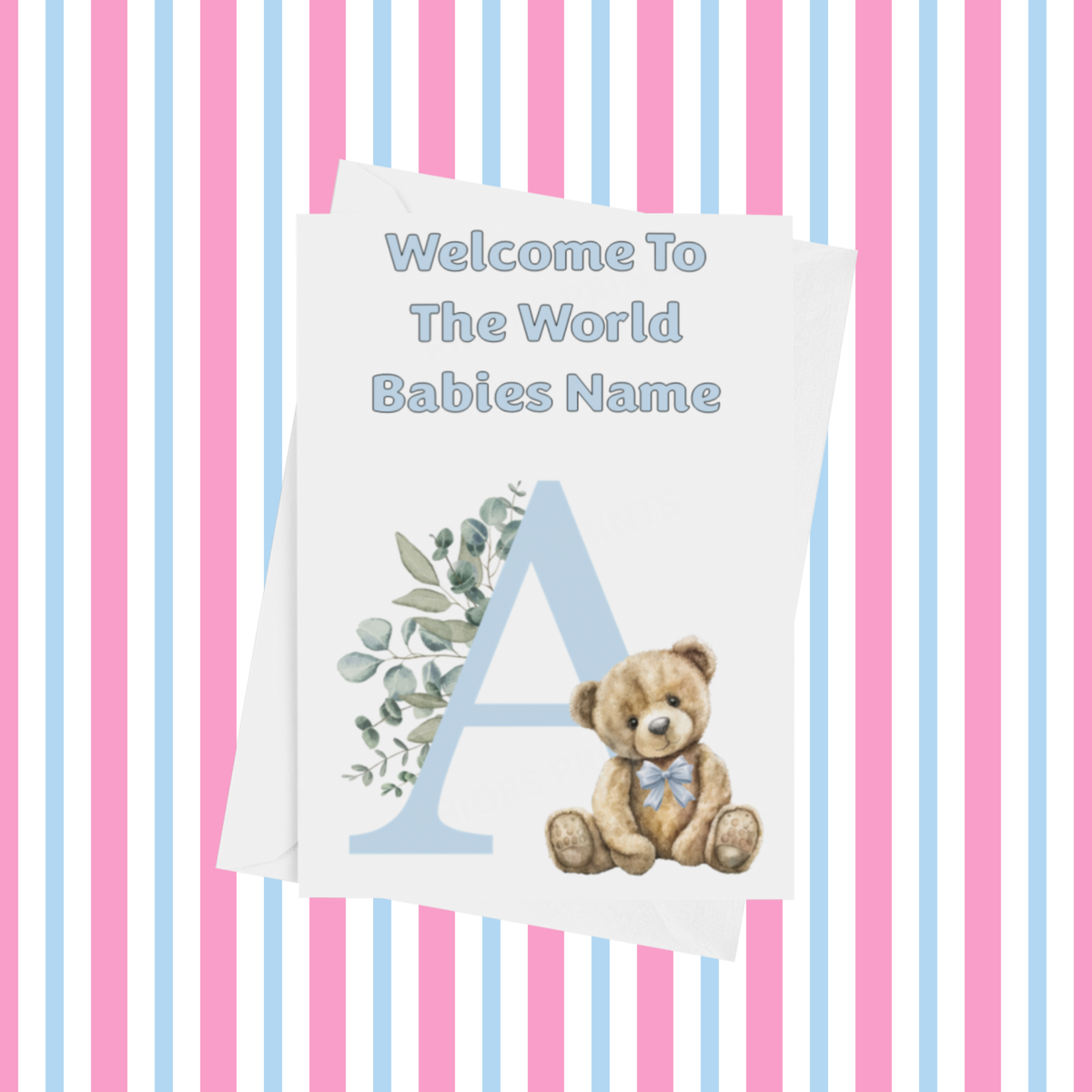 Cute Blue Bear Welcome To The World Personalised Card for New Baby