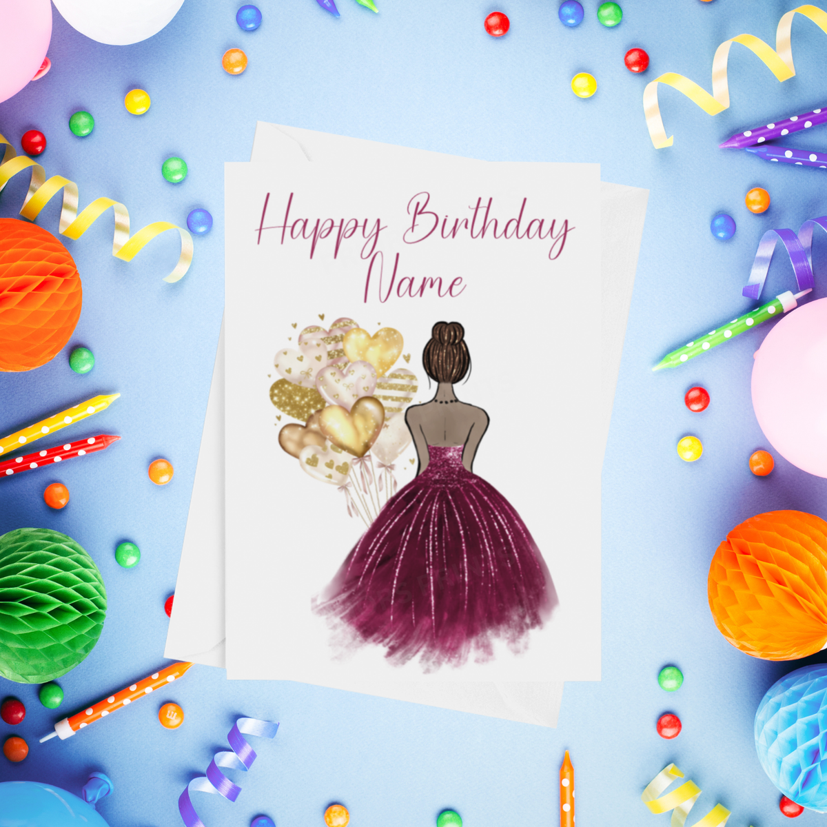 Pretty Dress in Burgundy Personalised Birthday Card with Choice of Some Skin & Hair Colours