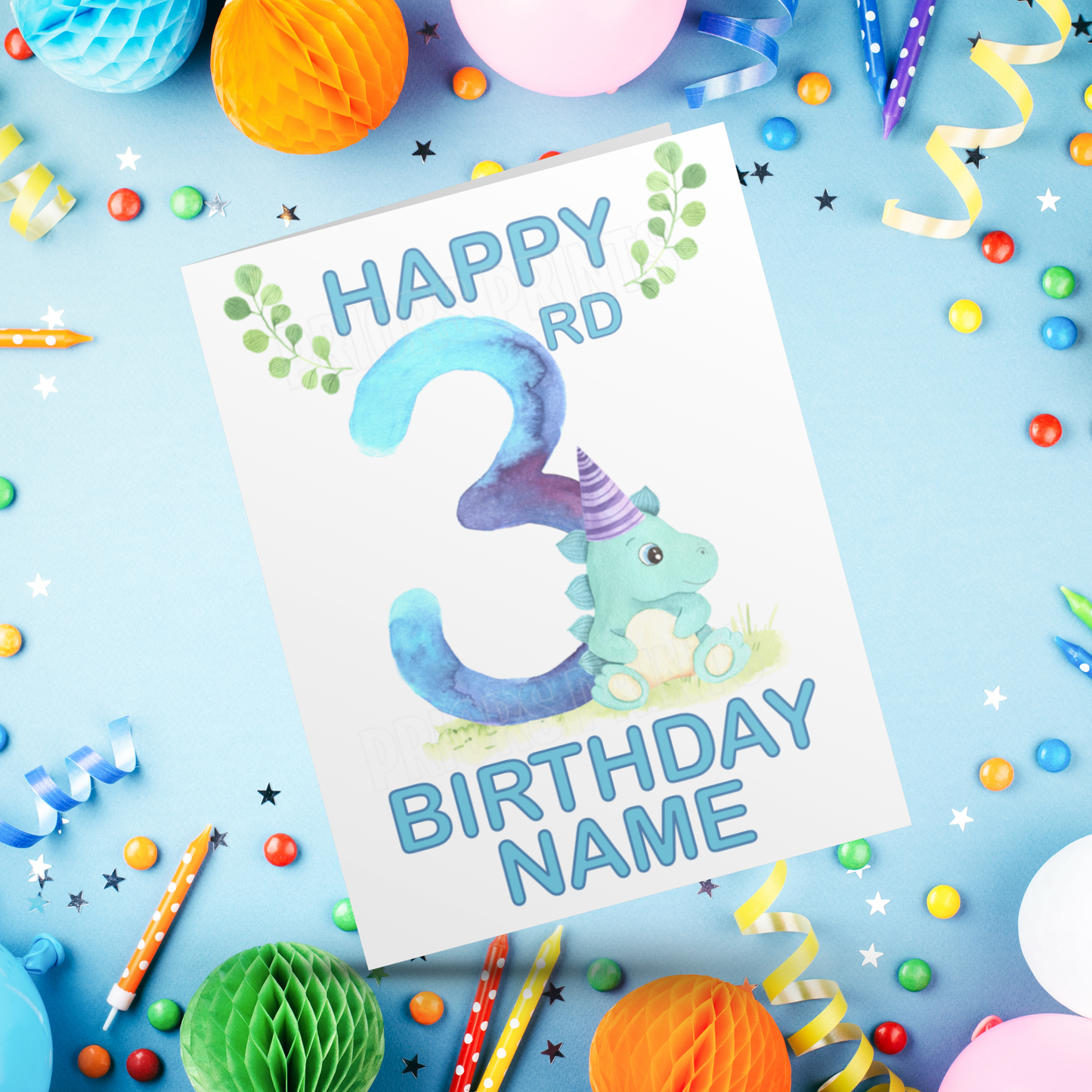 Personalised Watercolour Dinosaur Birthday Card with age 1-9 years
