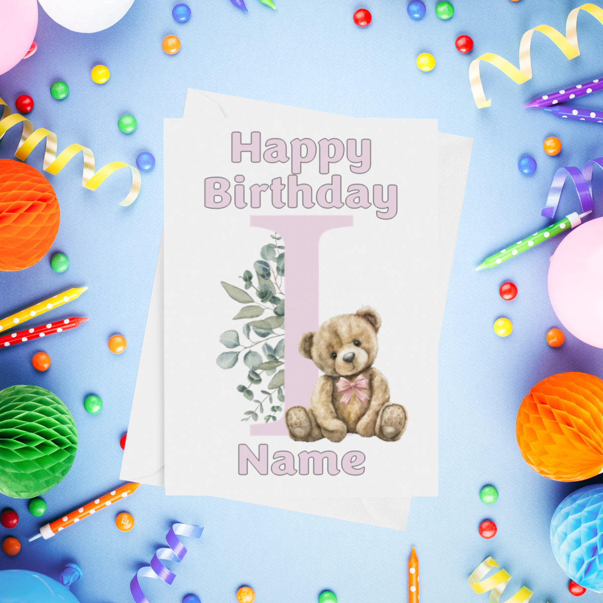 Cute Pink Alphabet Bear Personalised Birthday Card