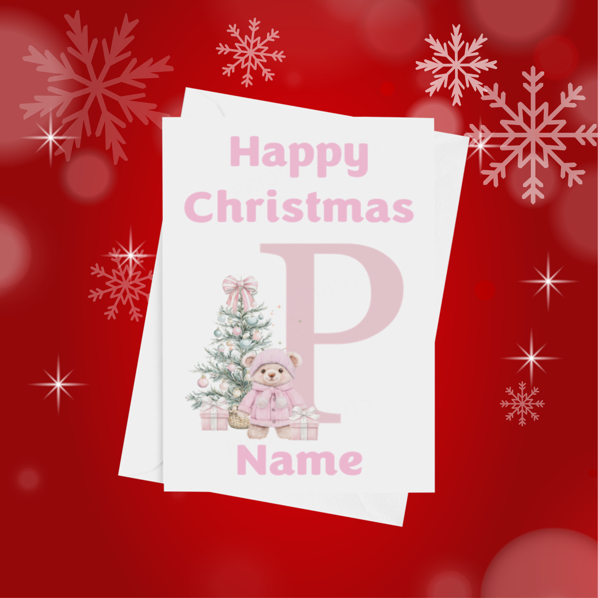 Cute Pink Bear Personalised Christmas Card
