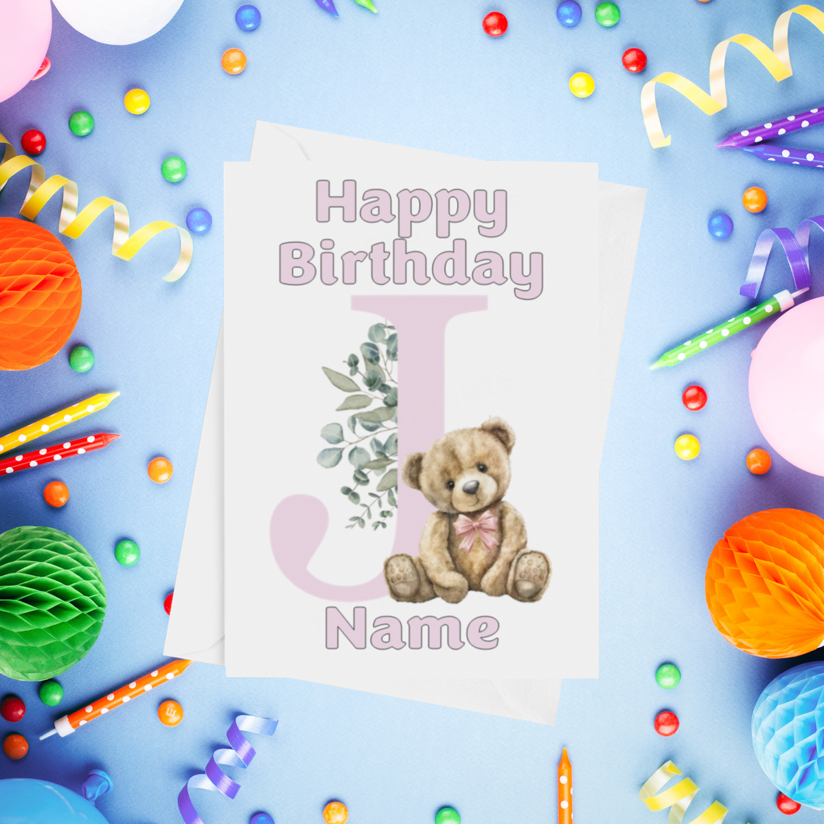 Cute Pink Alphabet Bear Personalised Birthday Card