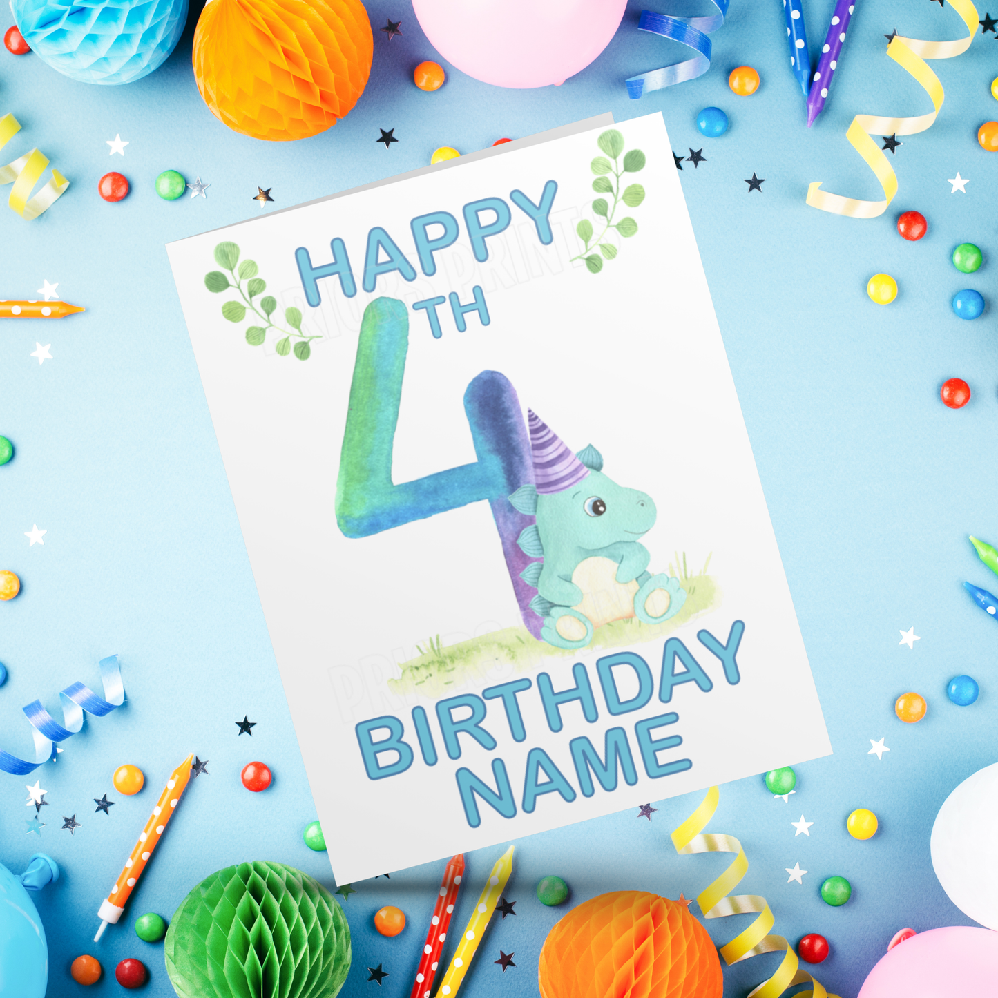 Personalised Watercolour Dinosaur Birthday Card with age 1-9 years