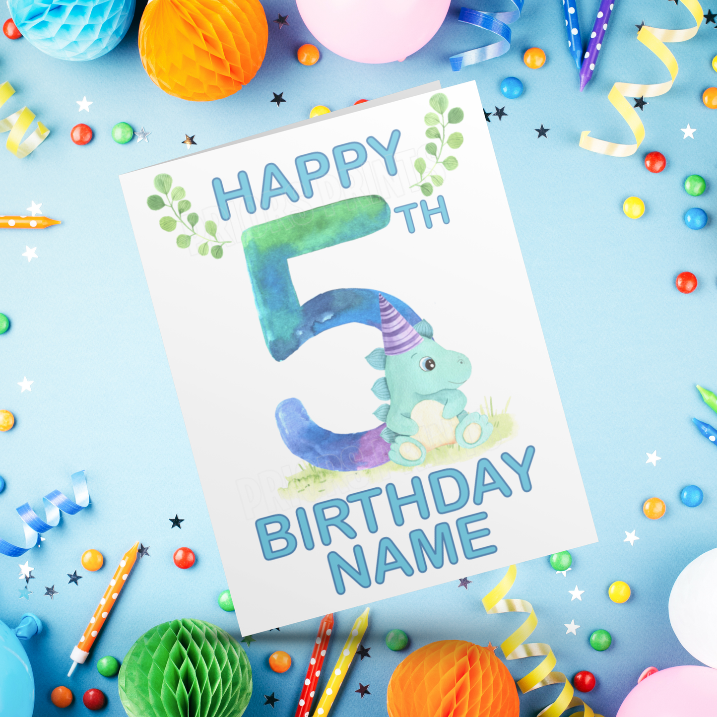 Personalised Watercolour Dinosaur Birthday Card with age 1-9 years
