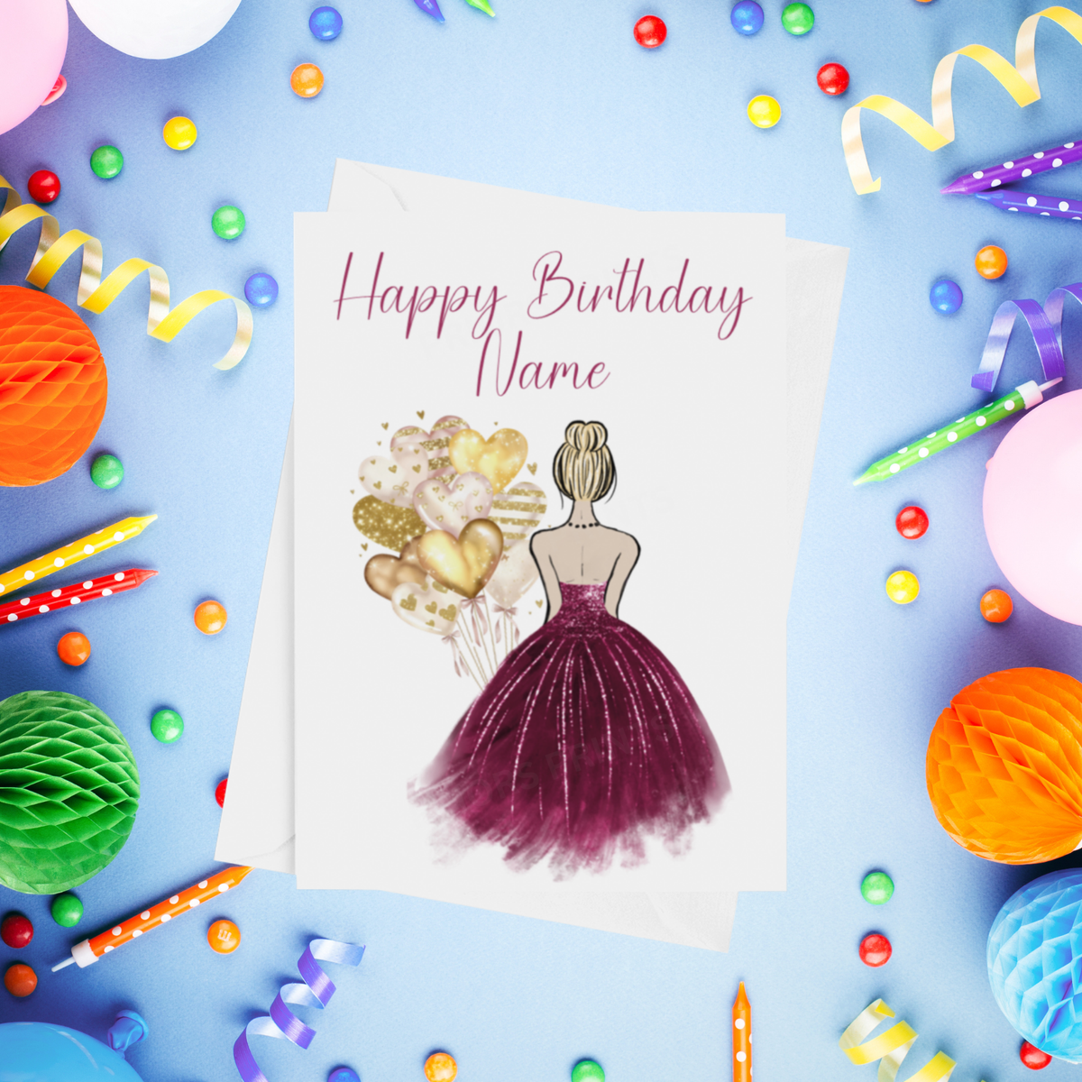 Pretty Dress in Burgundy Personalised Birthday Card with Choice of Some Skin & Hair Colours