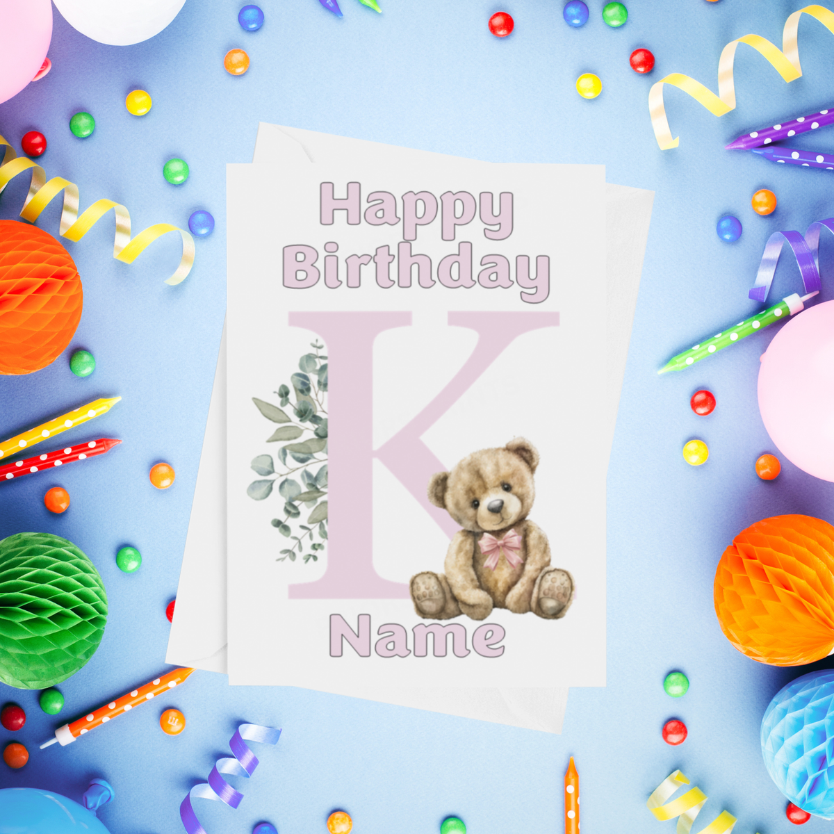 Cute Pink Alphabet Bear Personalised Birthday Card