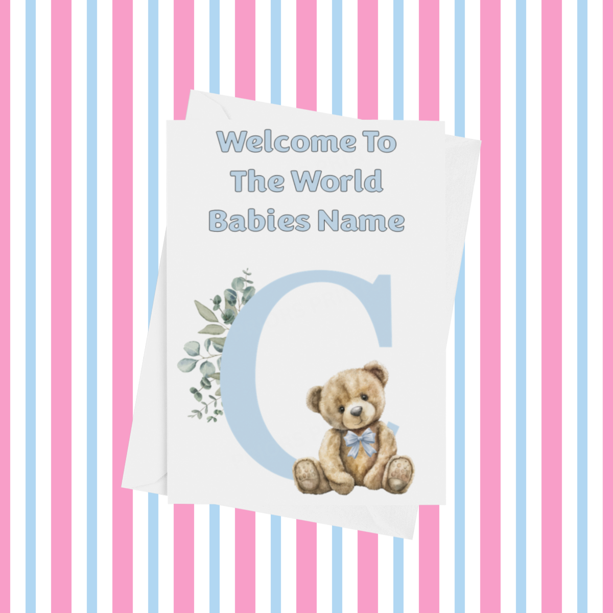 Cute Blue Bear Welcome To The World Personalised Card for New Baby