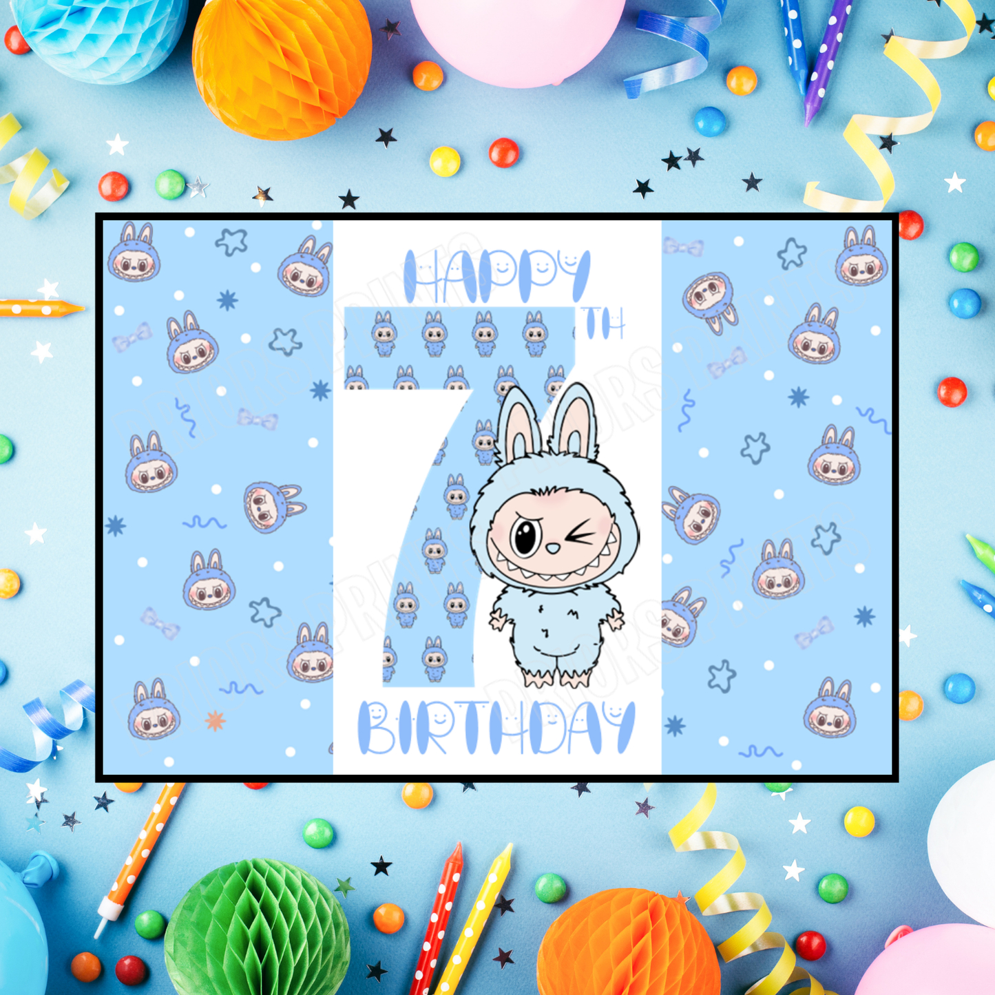 Blue Labubu Birthday Chocolate Bar Wrapper with Age 5-20 Years (Matches Cards)