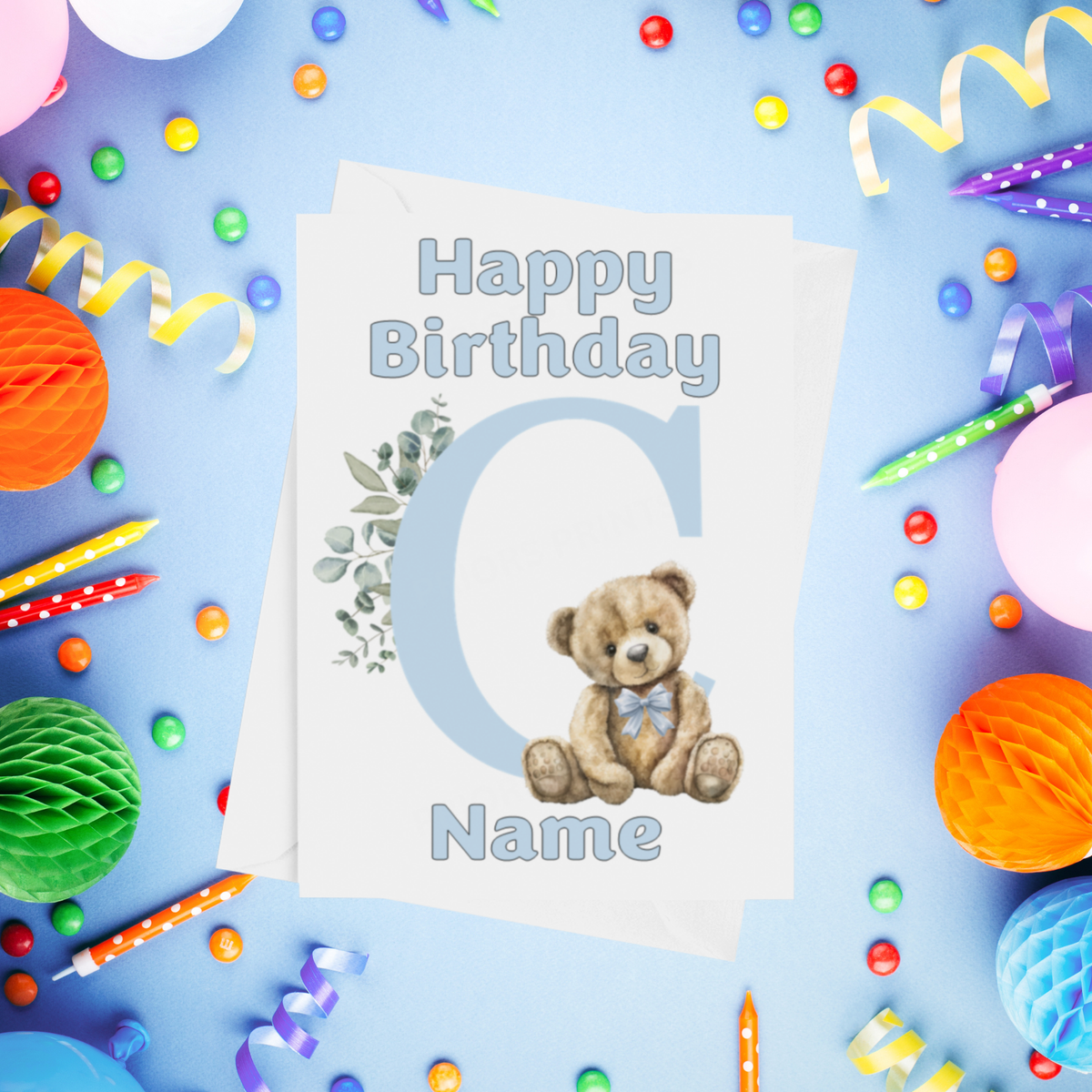 Cute Blue Alphabet Bear Personalised Birthday Card