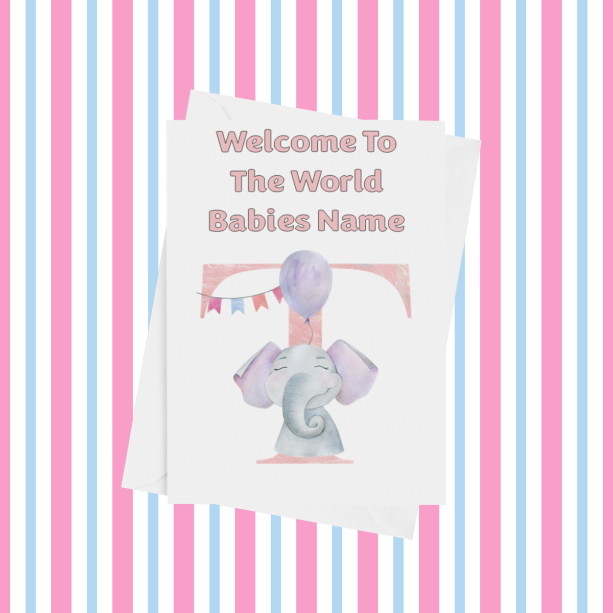 Welcome To The World Elephants Personalised Card for New Baby in Pink