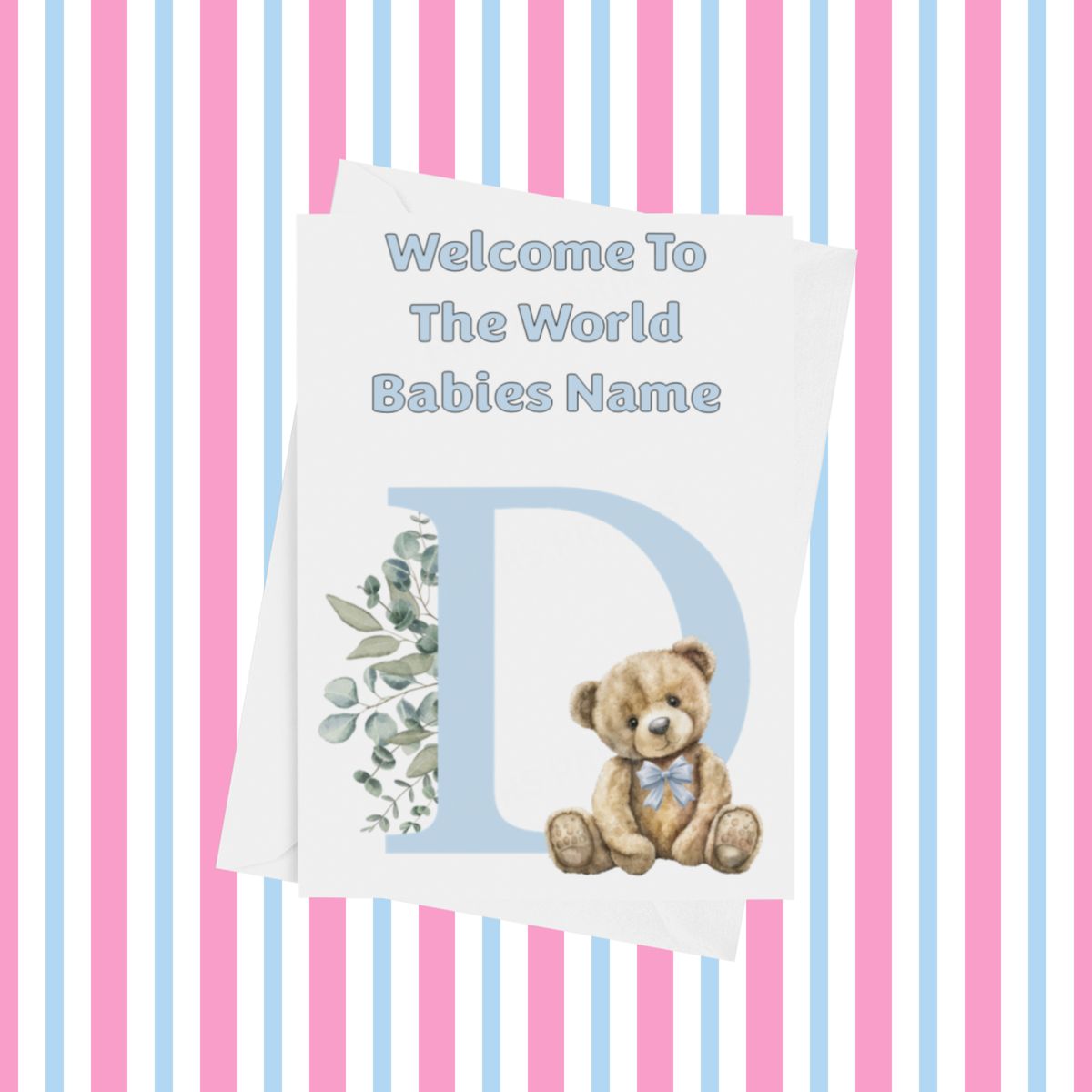Cute Blue Bear Welcome To The World Personalised Card for New Baby