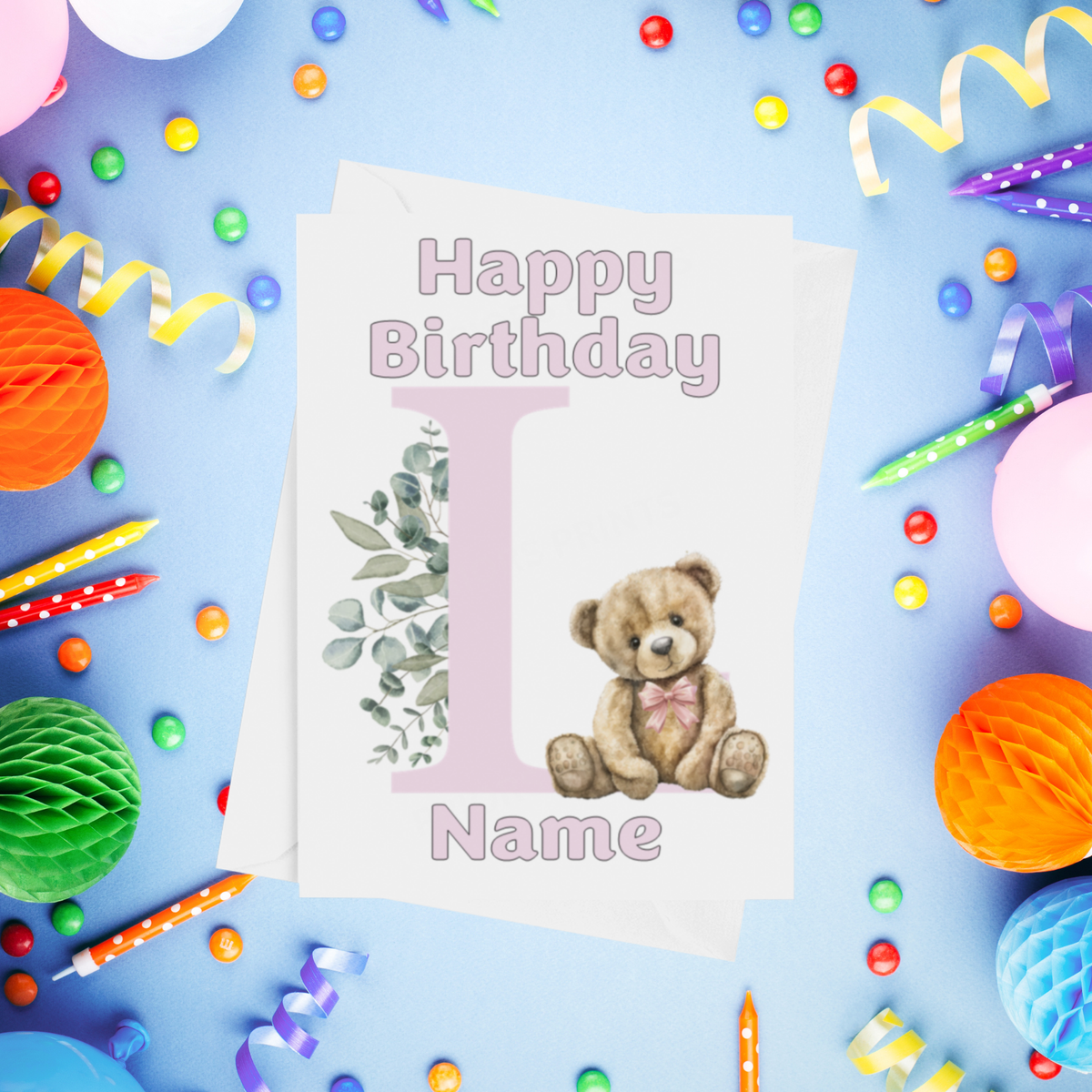 Cute Pink Alphabet Bear Personalised Birthday Card