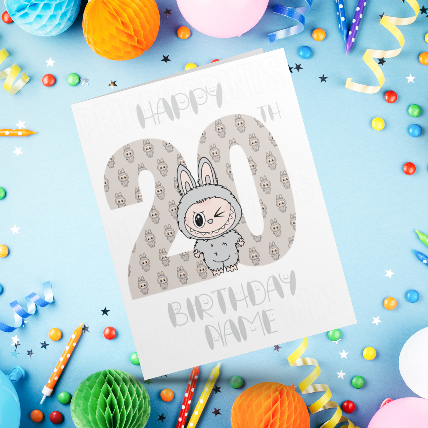 Personalised Labubu Birthday Card with Age 5-20 Years- Grey