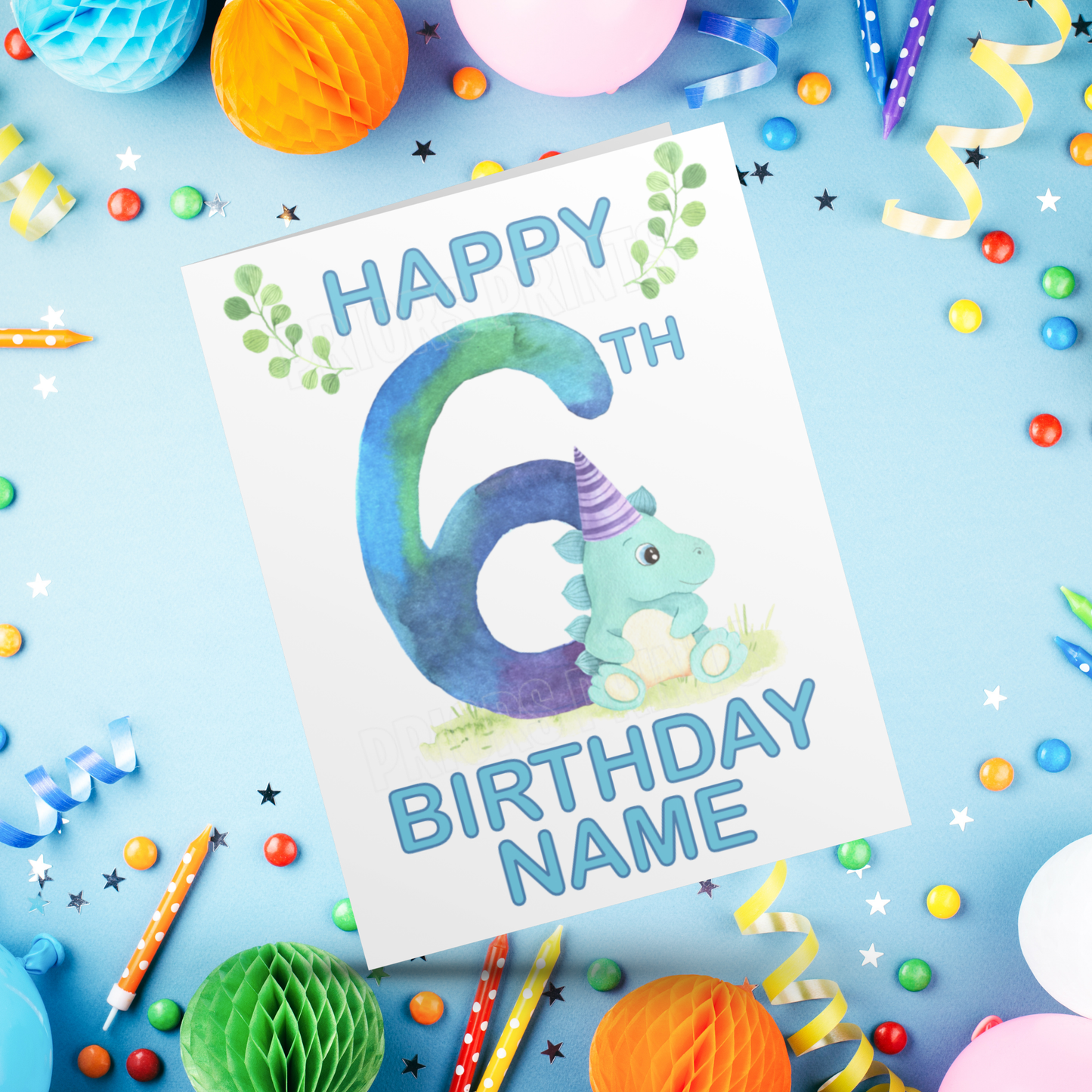 Personalised Watercolour Dinosaur Birthday Card with age 1-9 years