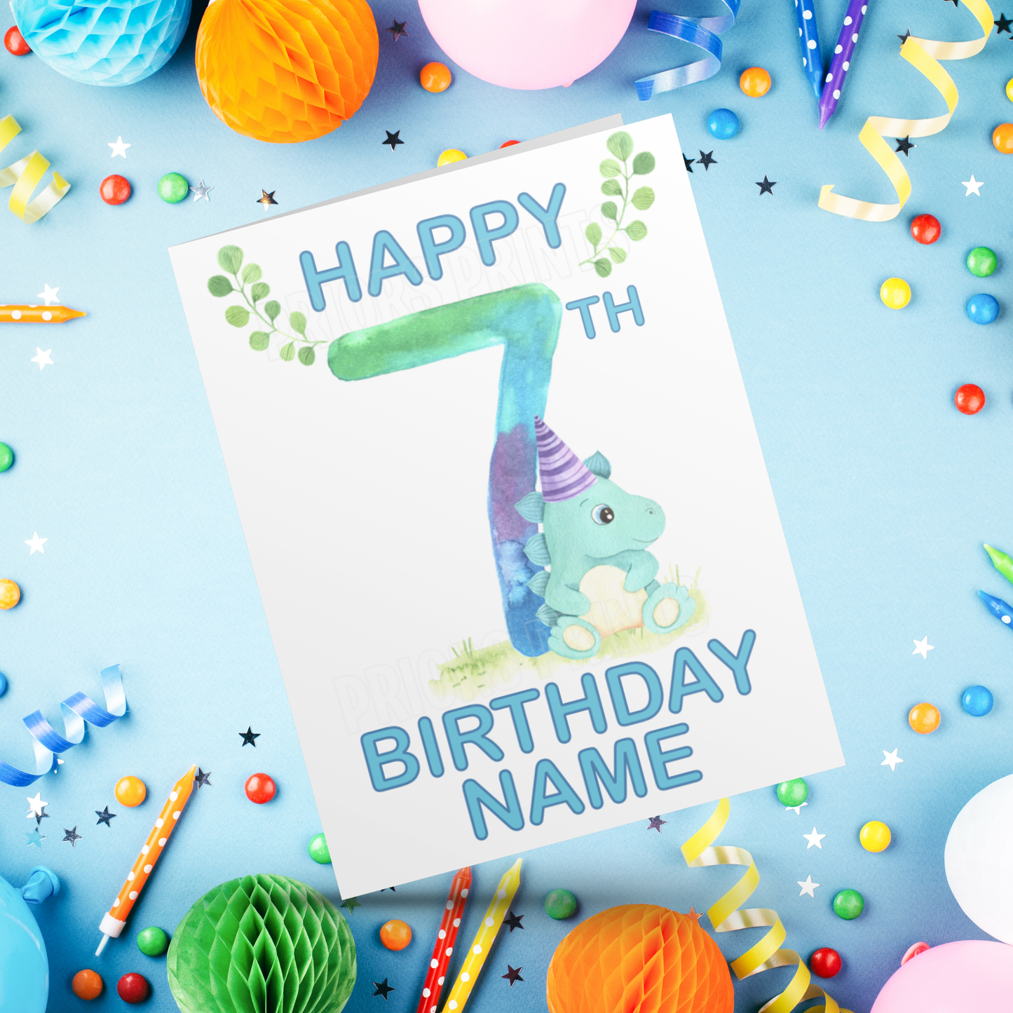 Personalised Watercolour Dinosaur Birthday Card with age 1-9 years