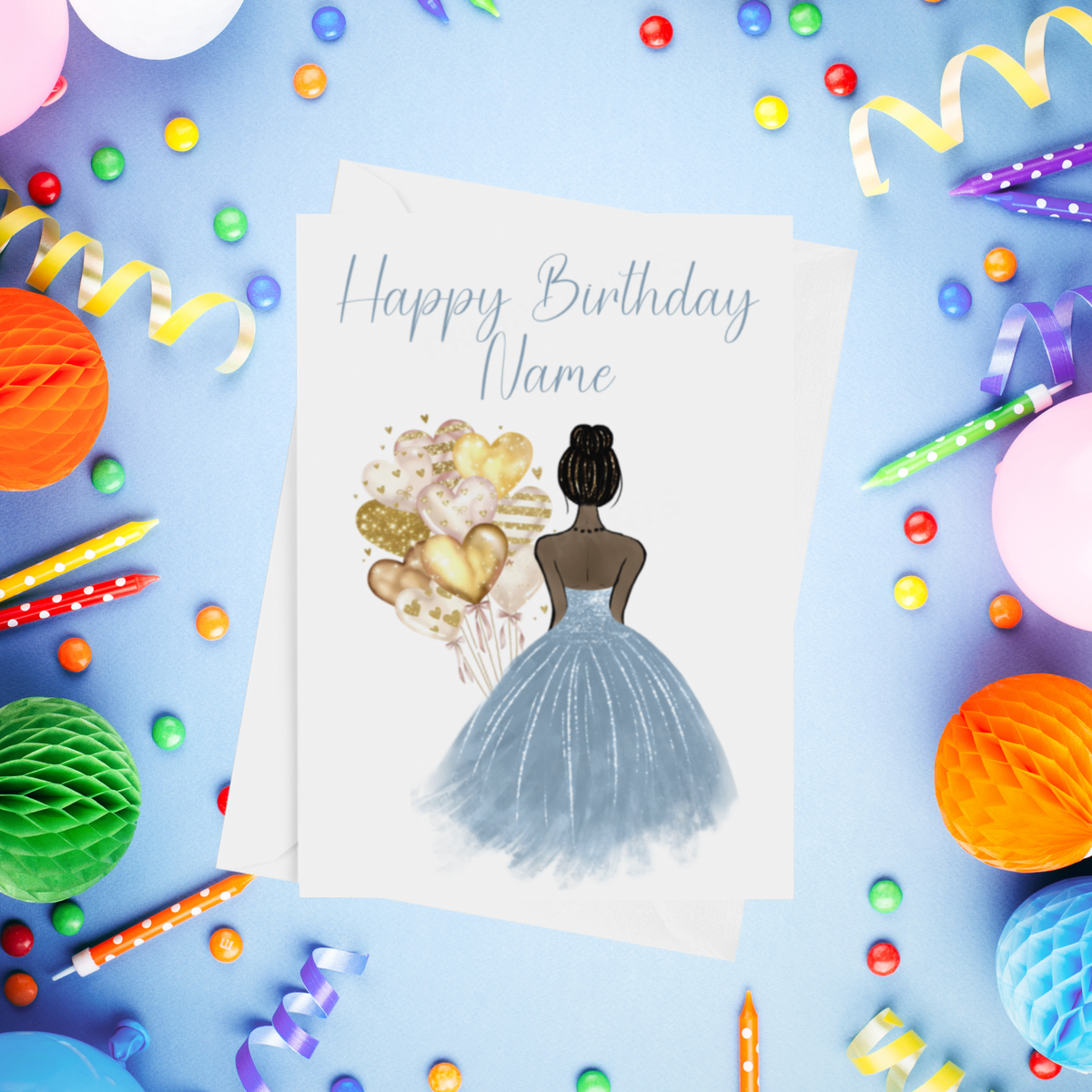 Pretty Dress in Dusty Blue Personalised Birthday Card with Choice of Some Skin & Hair Colours