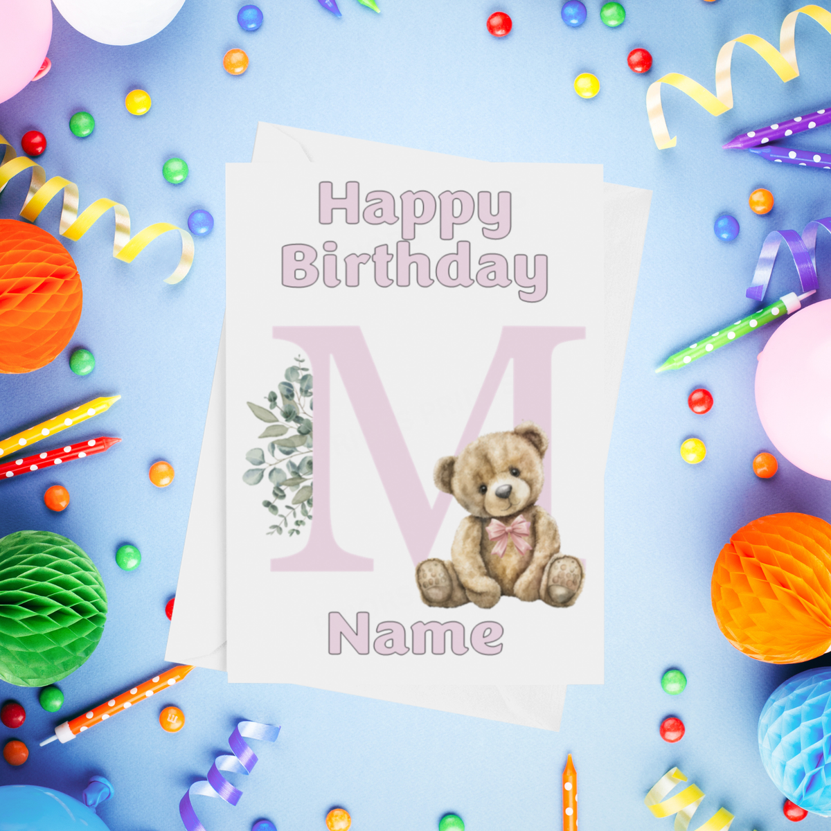 Cute Pink Alphabet Bear Personalised Birthday Card