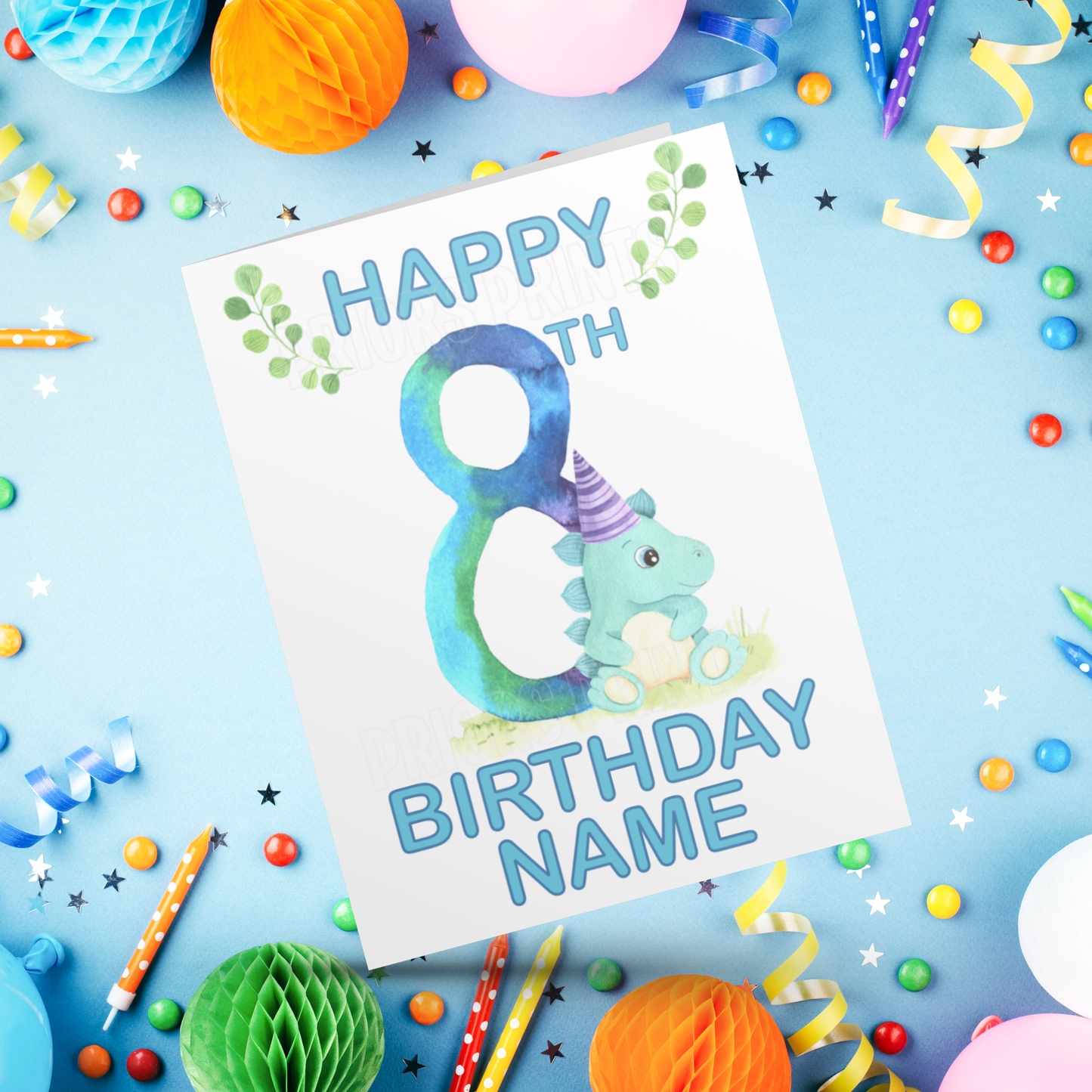Personalised Watercolour Dinosaur Birthday Card with age 1-9 years