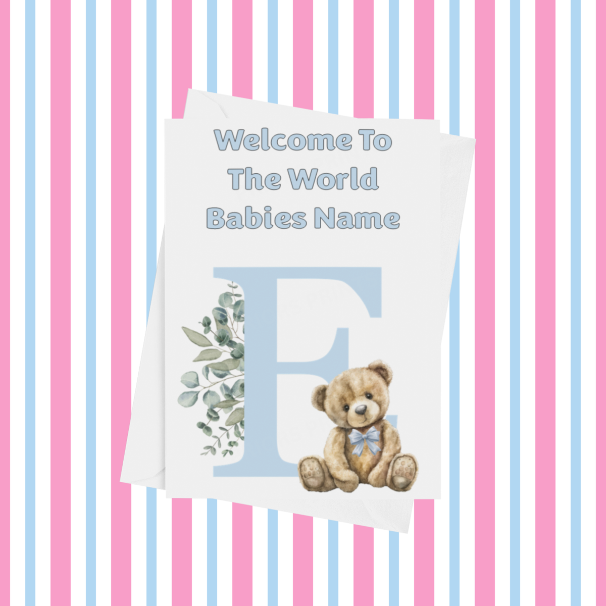 Cute Blue Bear Welcome To The World Personalised Card for New Baby