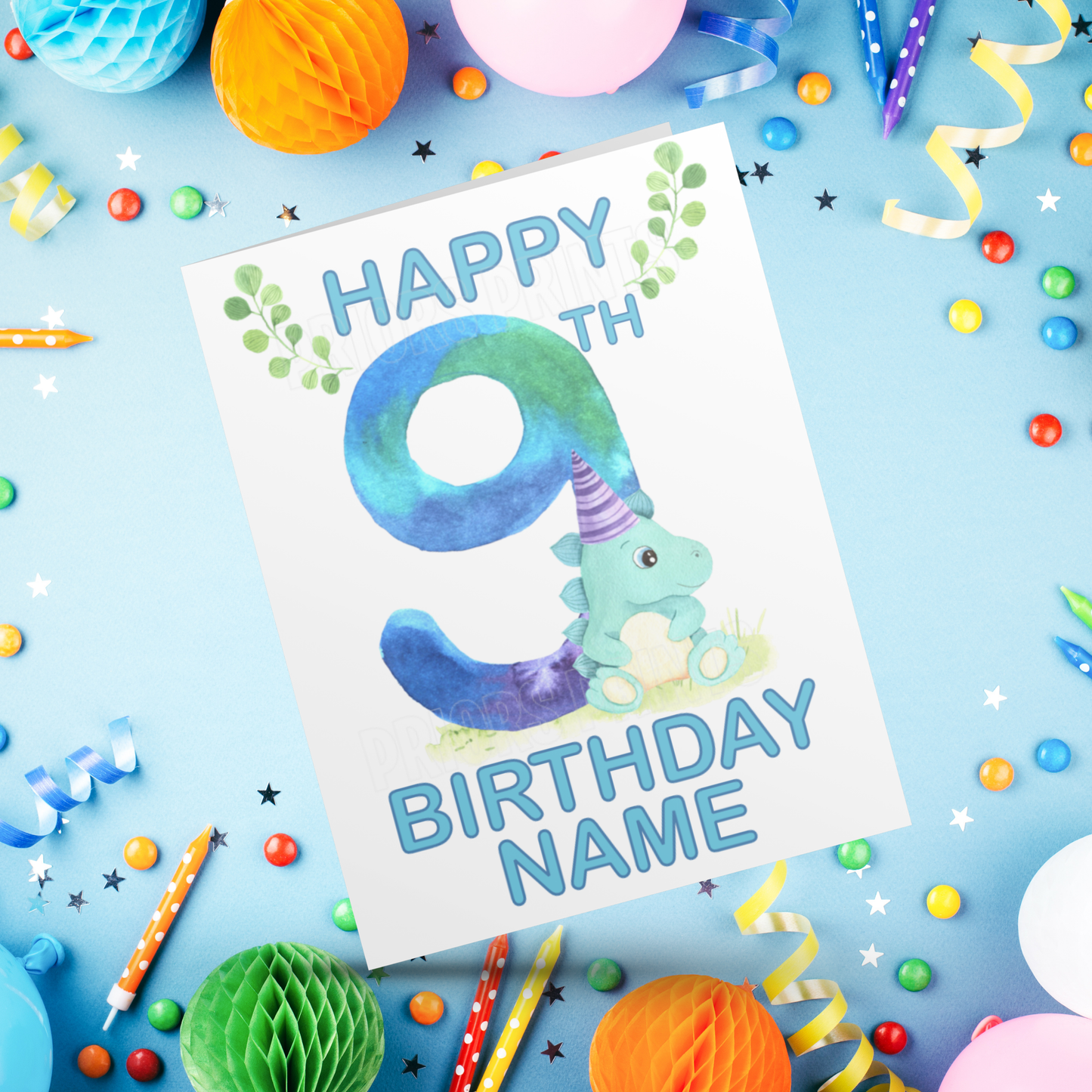 Personalised Watercolour Dinosaur Birthday Card with age 1-9 years