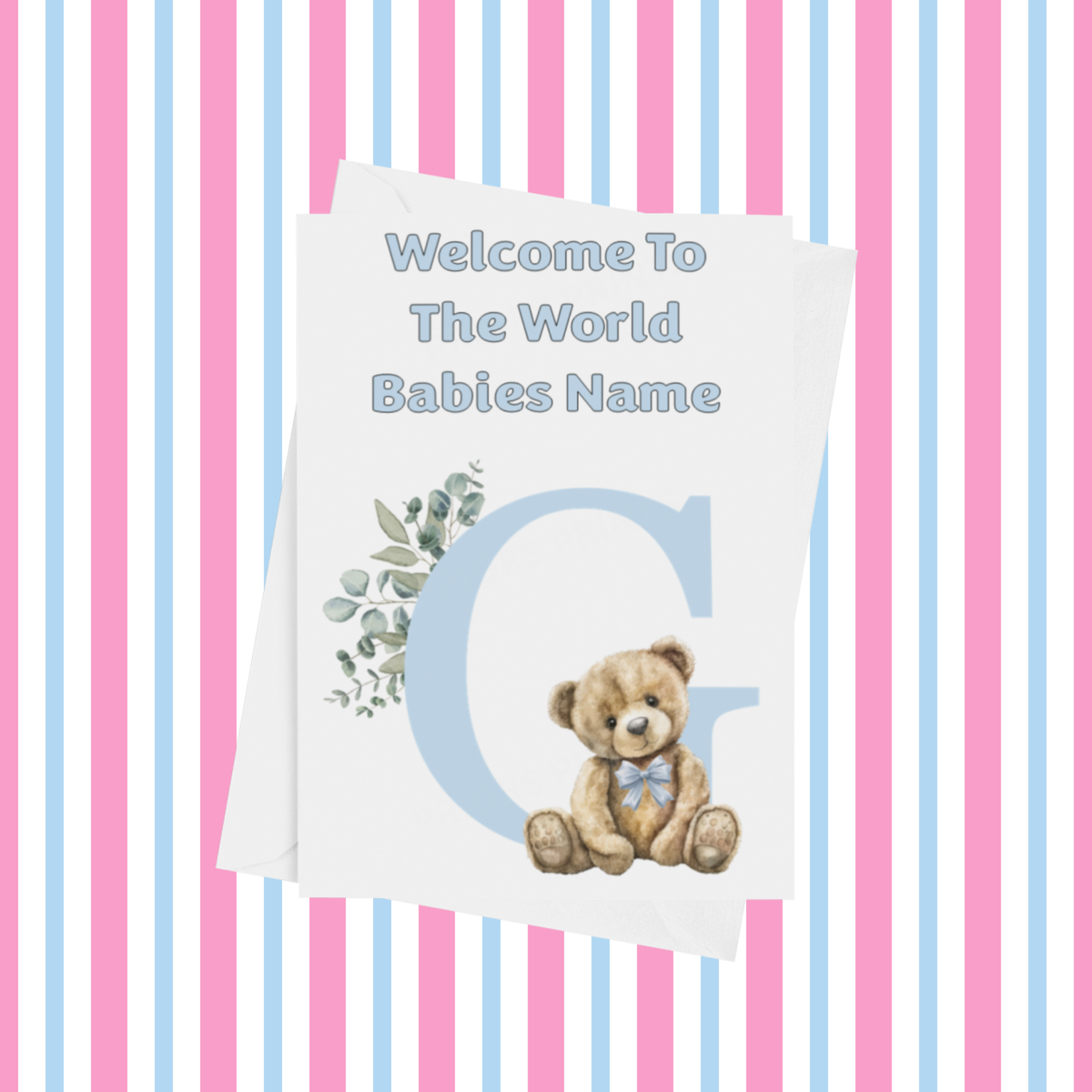 Cute Blue Bear Welcome To The World Personalised Card for New Baby