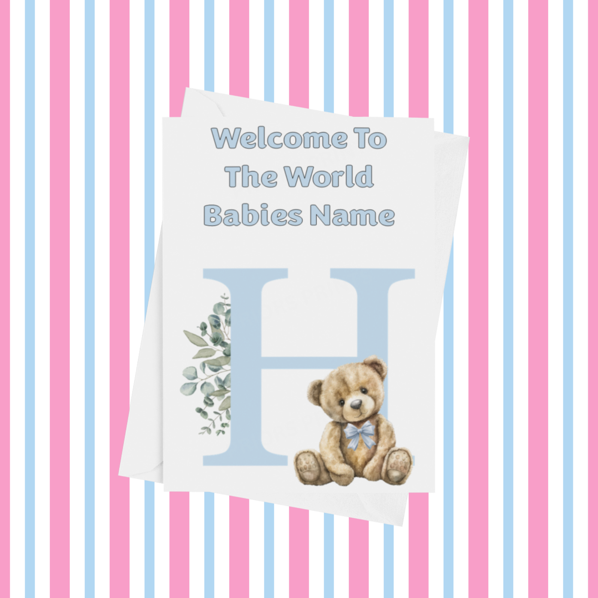 Cute Blue Bear Welcome To The World Personalised Card for New Baby