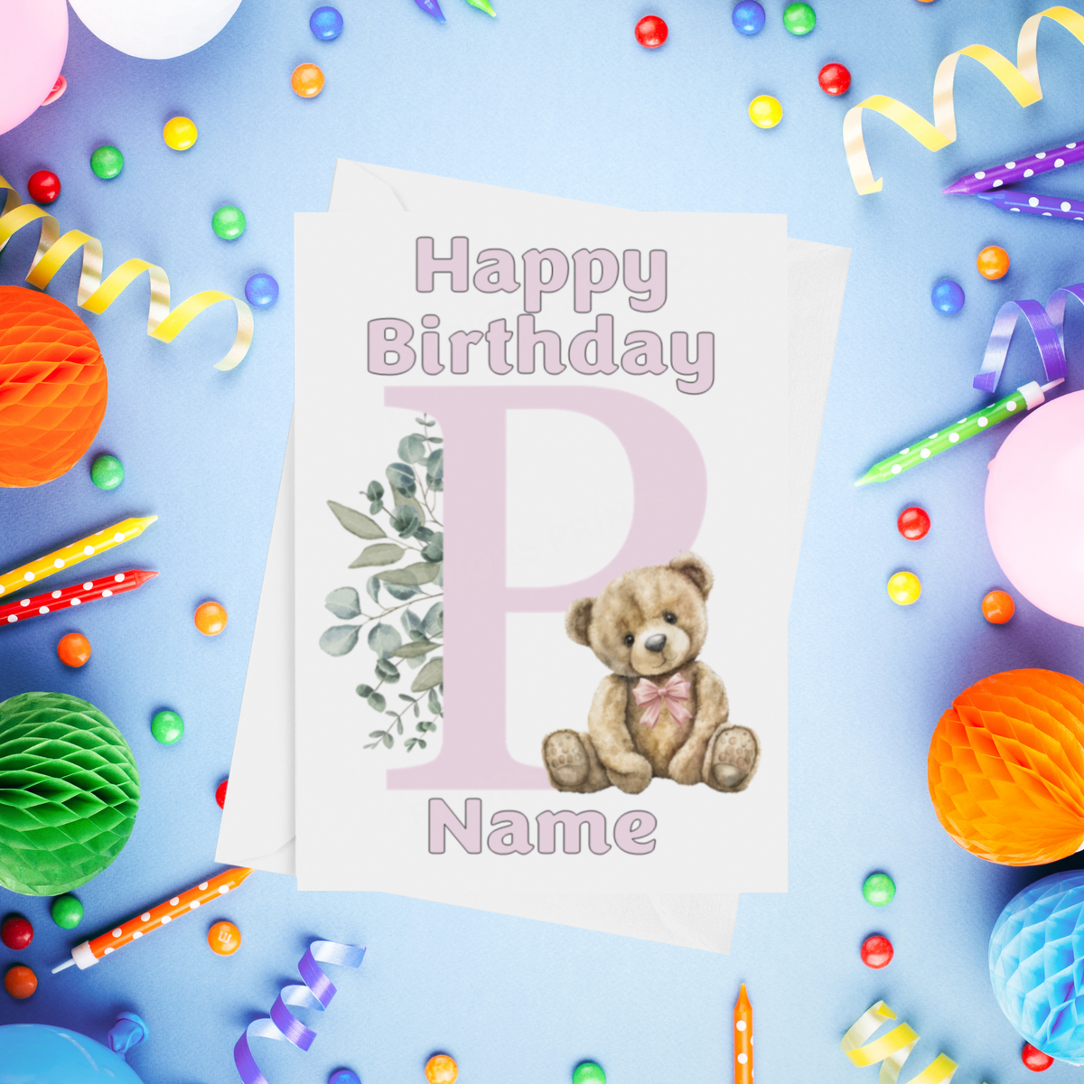 Cute Pink Alphabet Bear Personalised Birthday Card