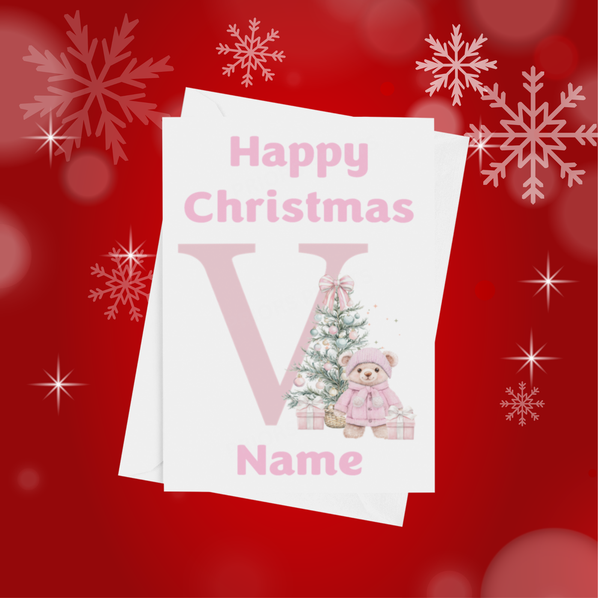 Cute Pink Bear Personalised Christmas Card