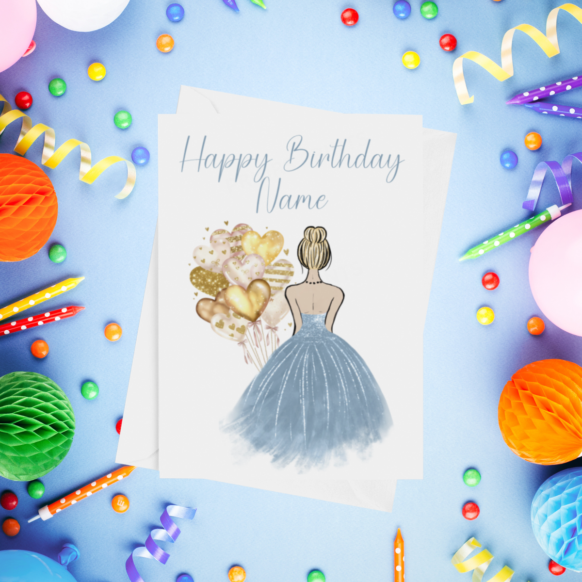 Pretty Dress in Dusty Blue Personalised Birthday Card with Choice of Some Skin & Hair Colours