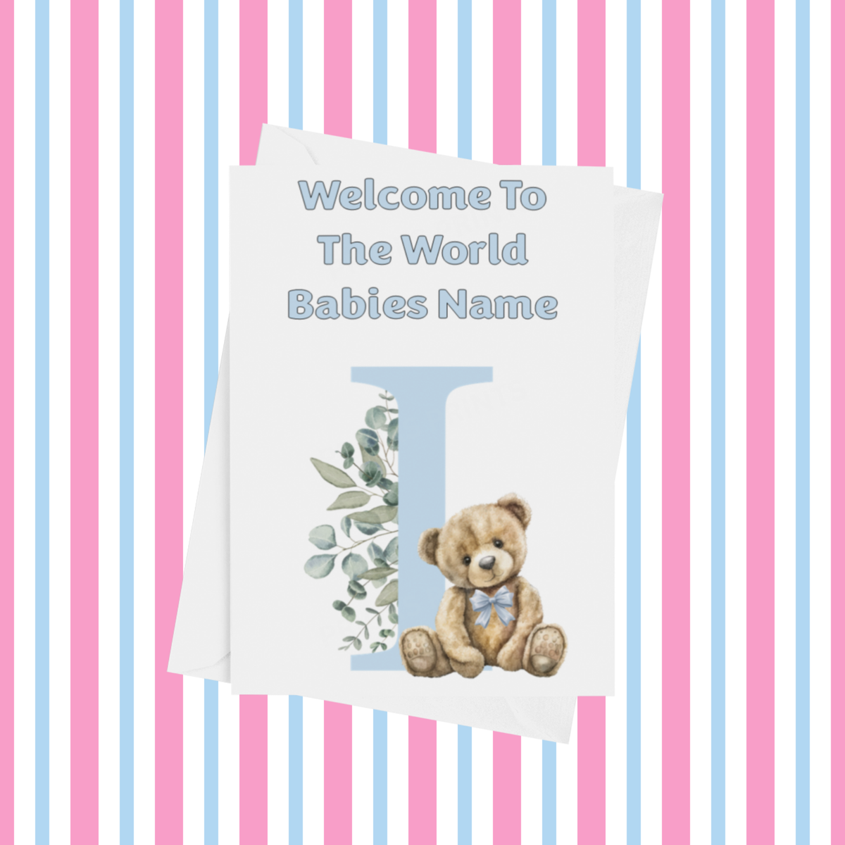 Cute Blue Bear Welcome To The World Personalised Card for New Baby