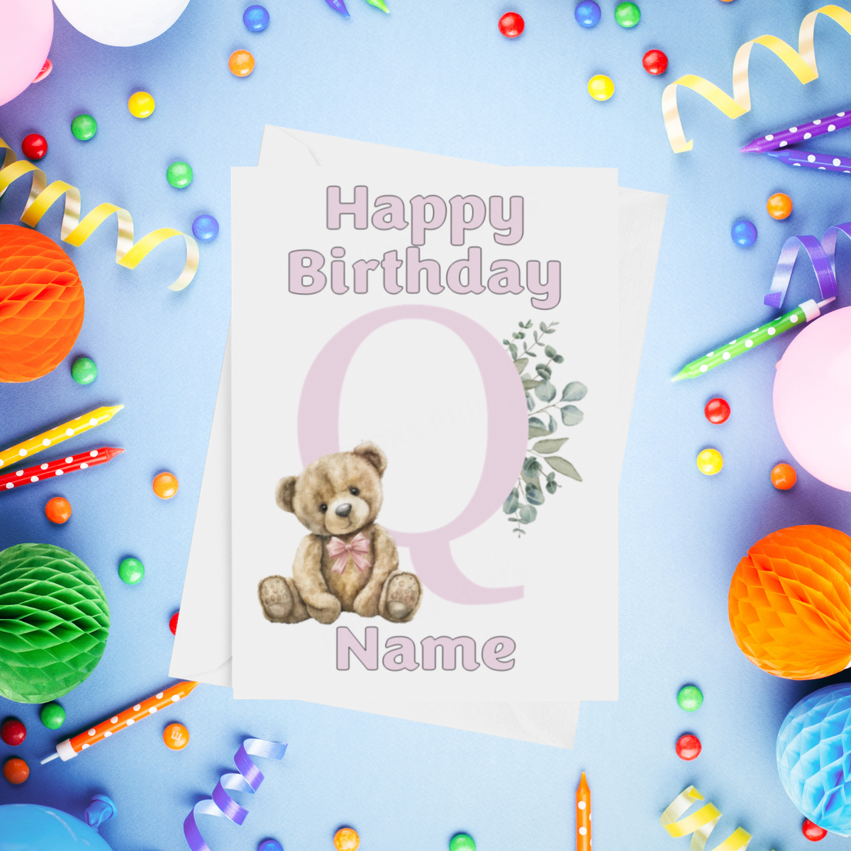 Cute Pink Alphabet Bear Personalised Birthday Card