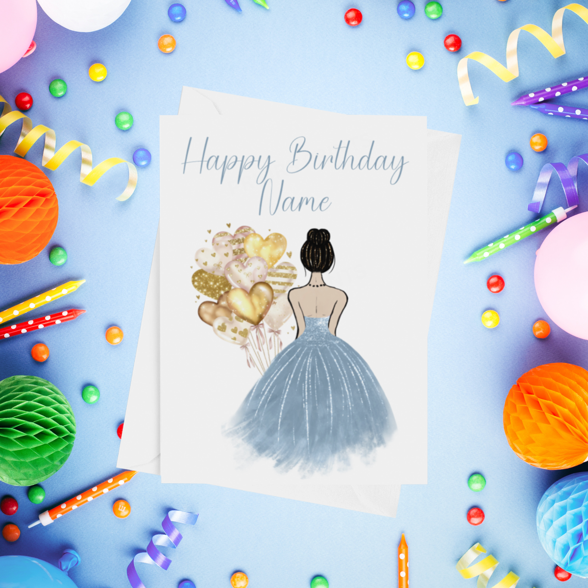 Pretty Dress in Dusty Blue Personalised Birthday Card with Choice of Some Skin & Hair Colours