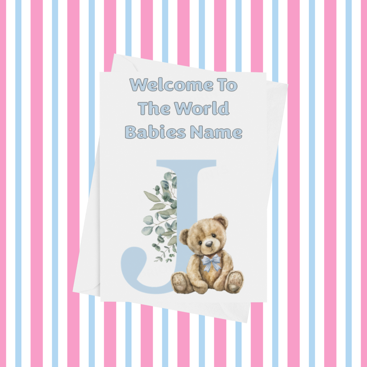 Cute Blue Bear Welcome To The World Personalised Card for New Baby