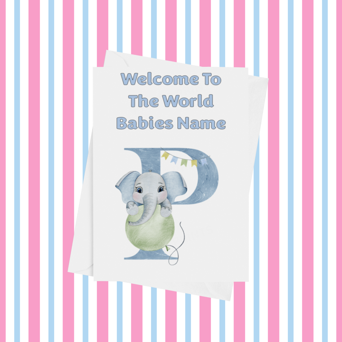 Welcome To The World Elephants Personalised Card for New Baby in Blue