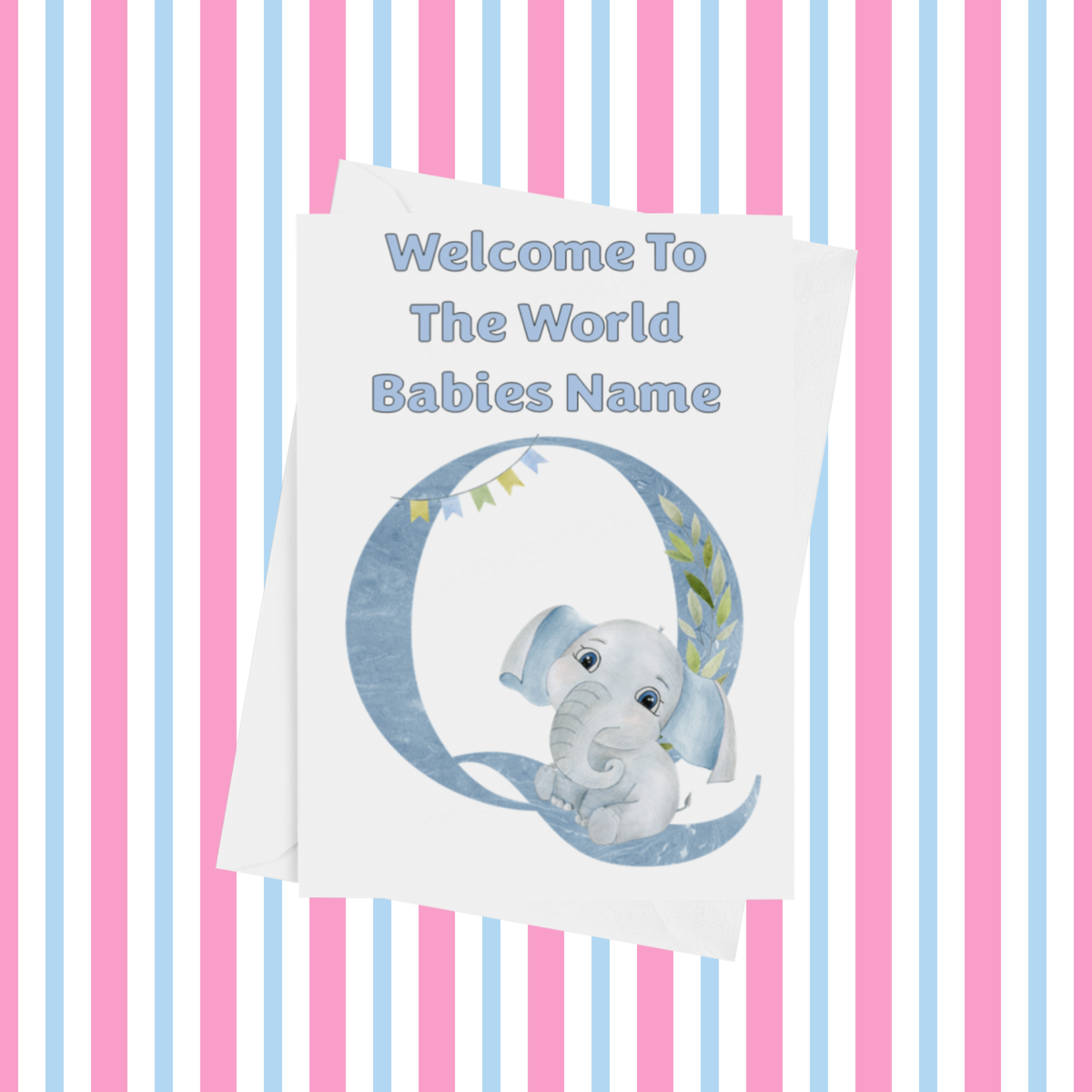 Welcome To The World Elephants Personalised Card for New Baby in Blue