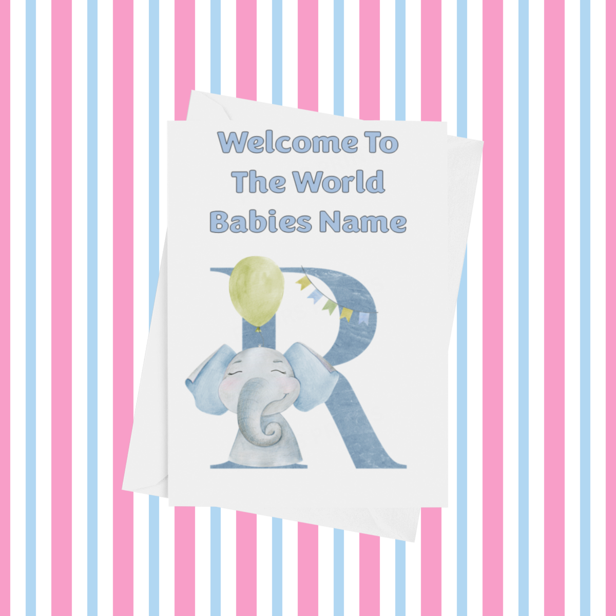 Welcome To The World Elephants Personalised Card for New Baby in Blue