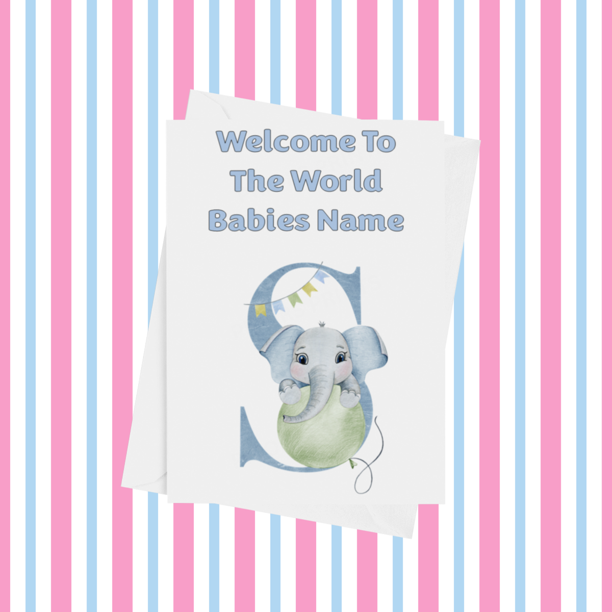 Welcome To The World Elephants Personalised Card for New Baby in Blue